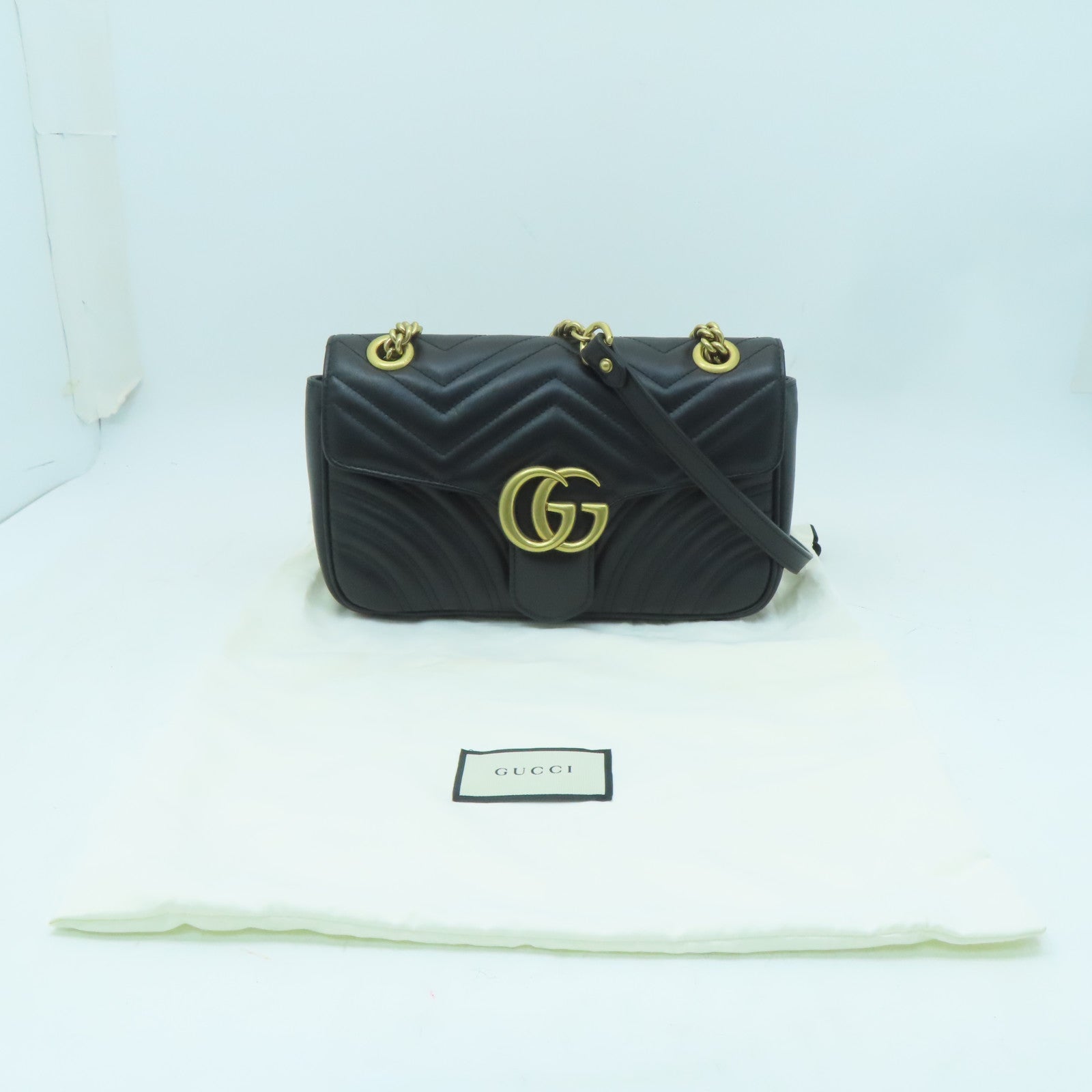 GUCCI 牛皮皮革GG Marmont Shoulder Bag金扣鏈帶肩背袋黑色