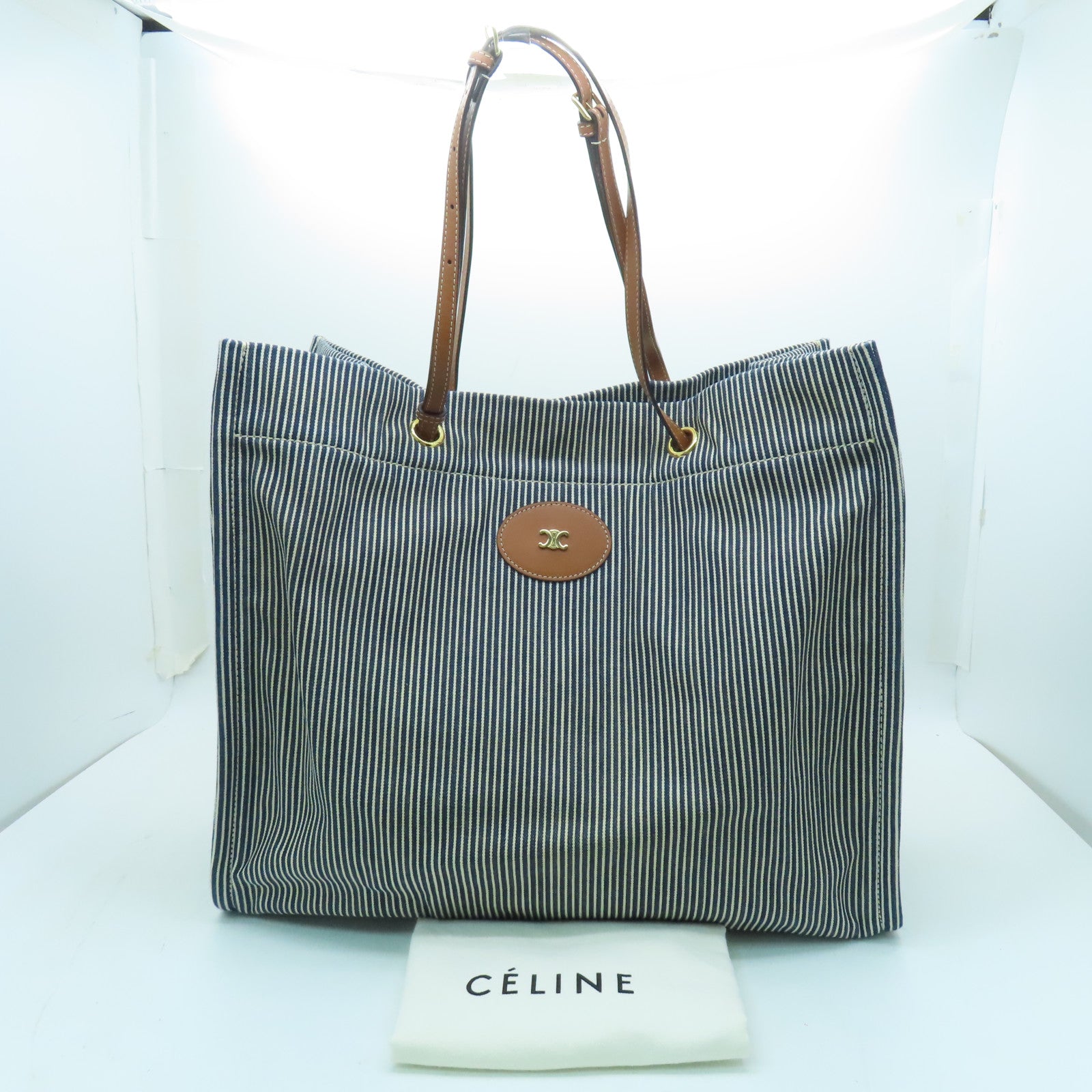 CELINE Canvas Tote Bag Gold Buckle Blue/White