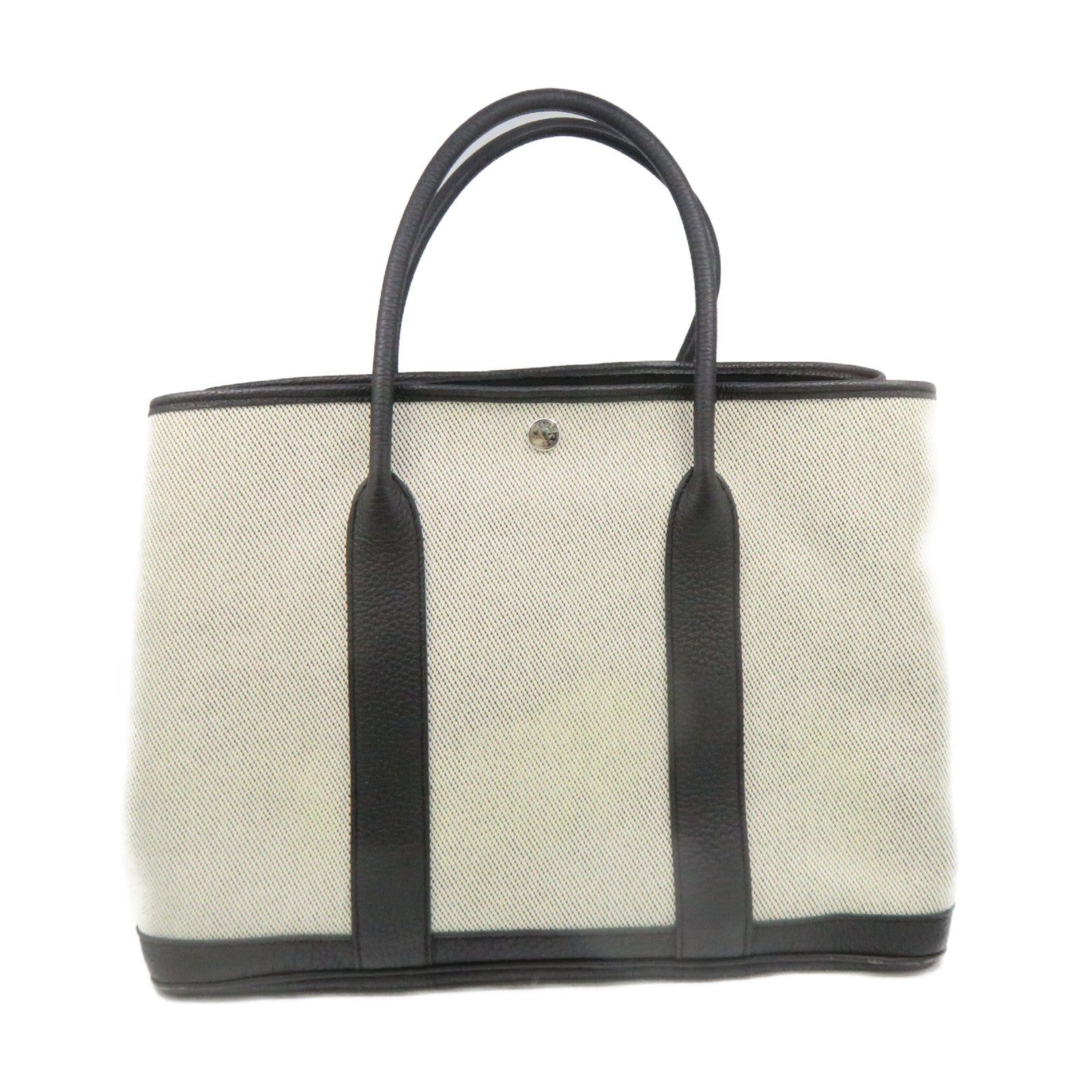 HERMES Toile H/皮革GardenParty PM Tote Bag银扣手挽袋米白色
