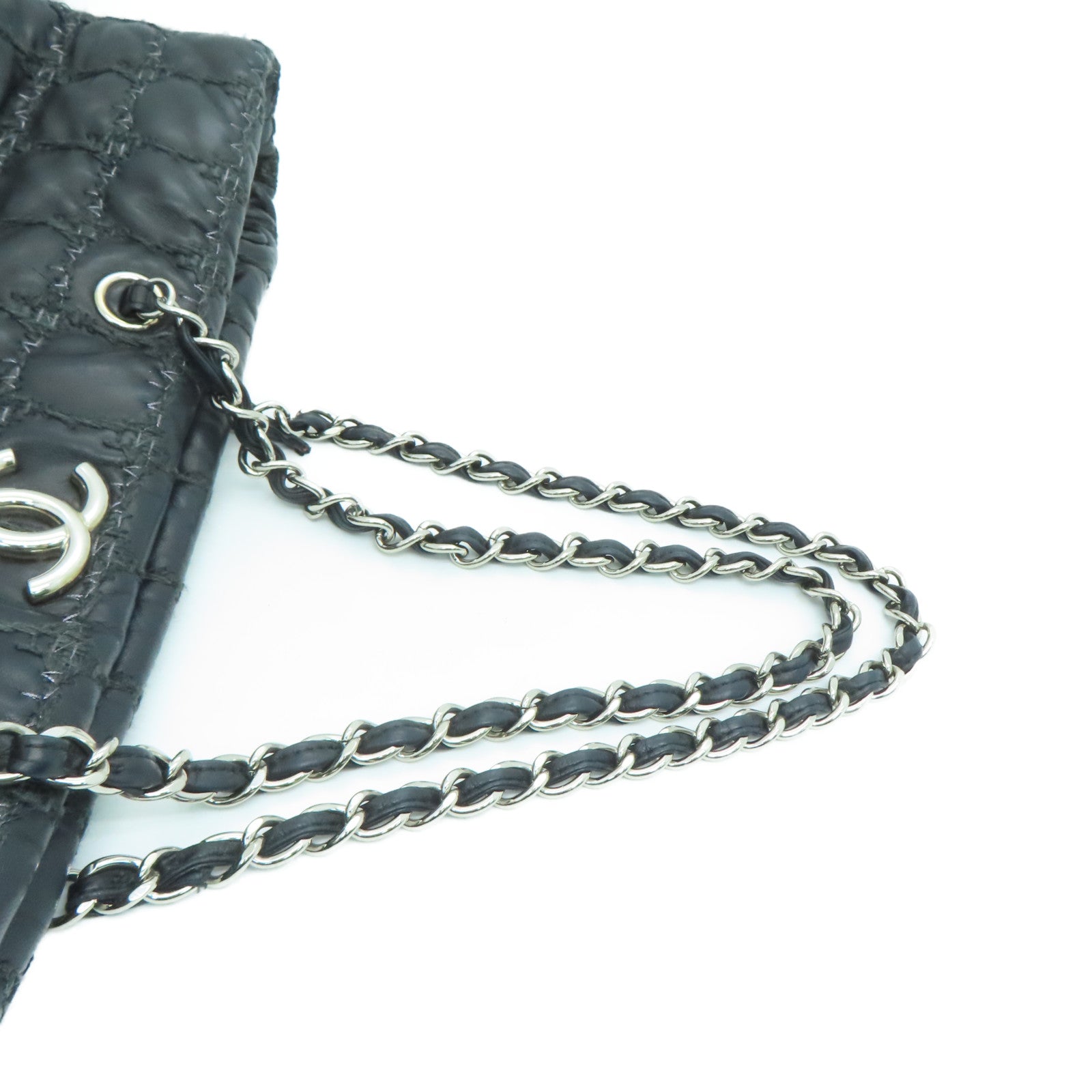 CHANEL 菱格羊皮皮革Chain Shoulder Bag银扣链带肩背袋黑色
