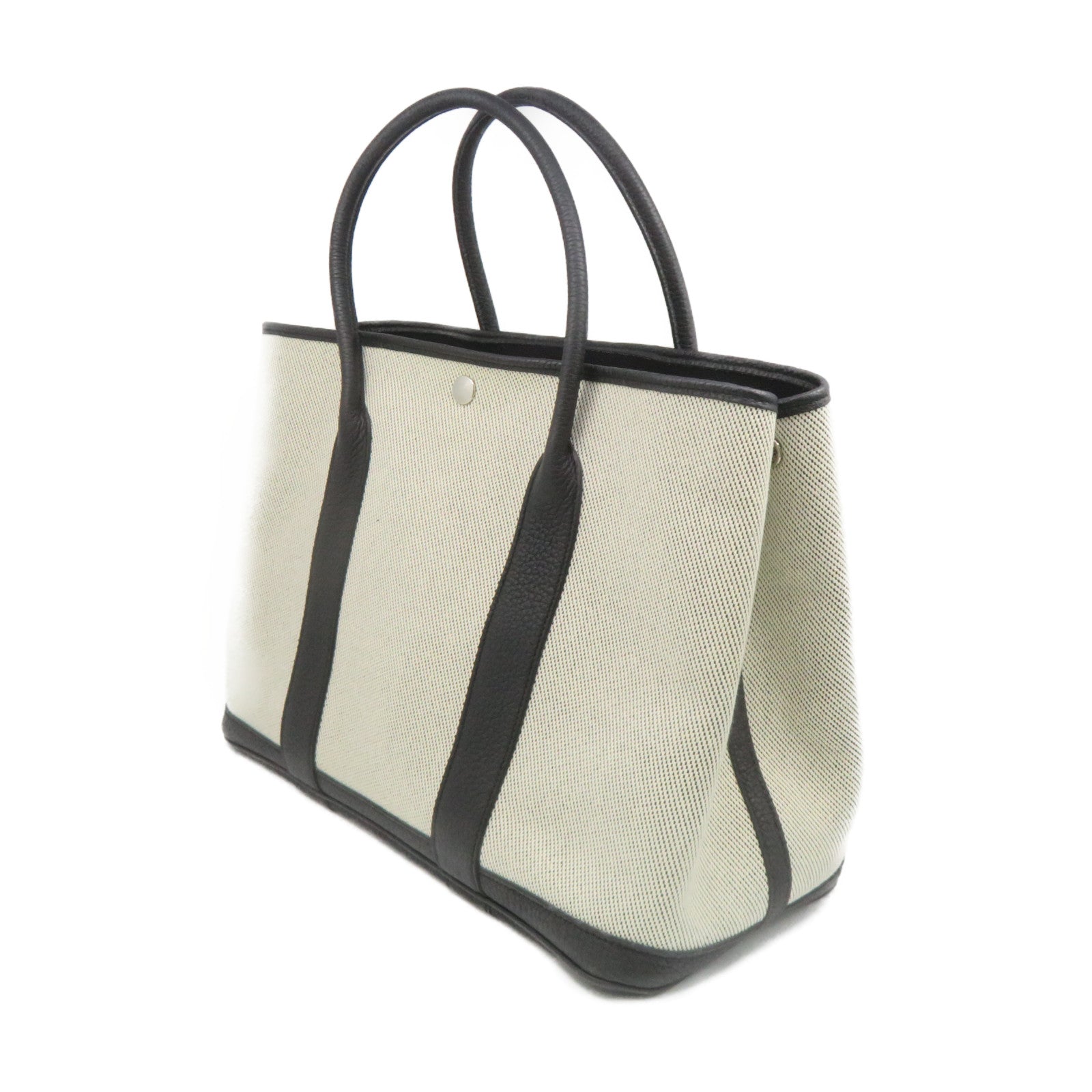 HERMES Toile H/皮革GardenParty PM Tote Bag银扣手挽袋米白色