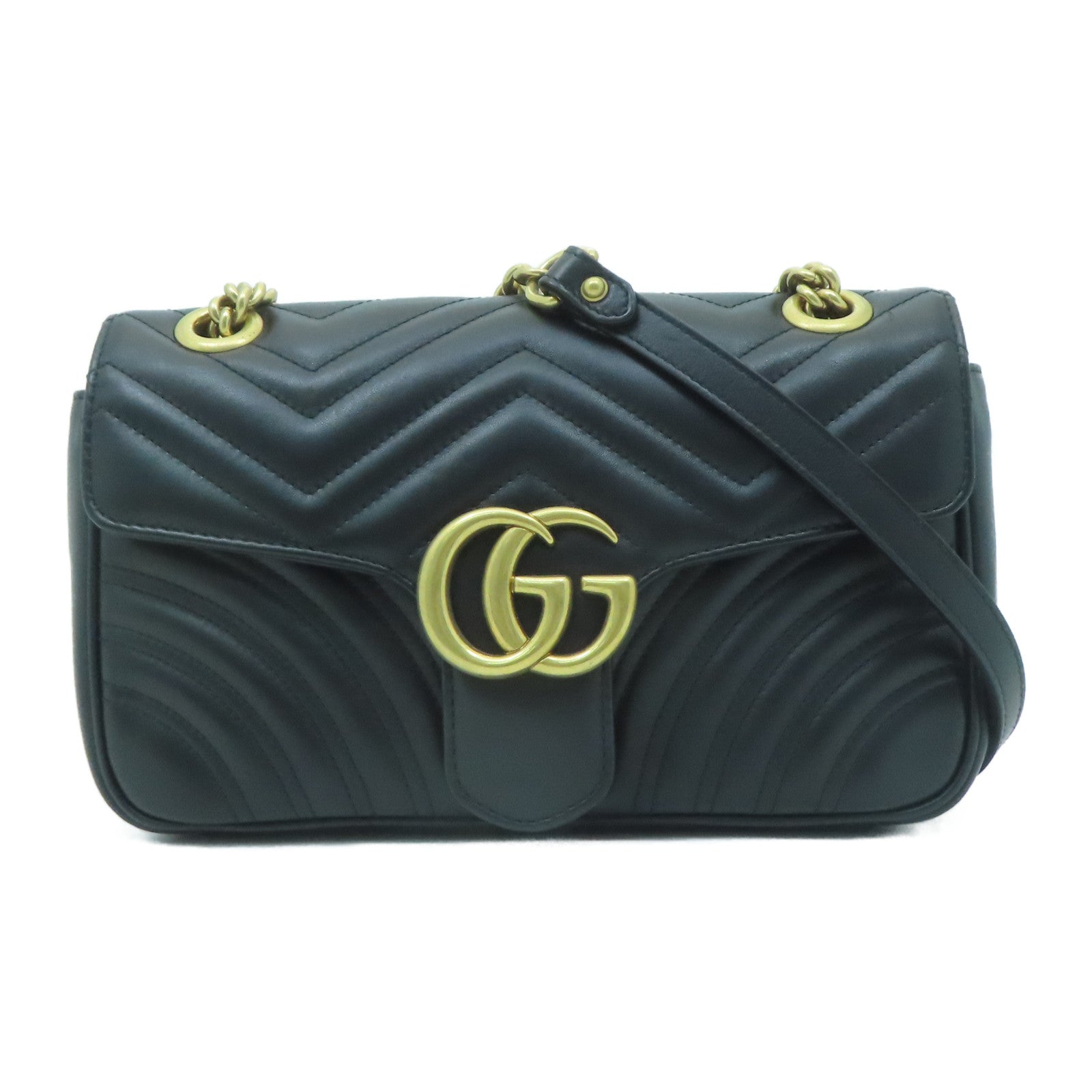 GUCCI 牛皮皮革GG Marmont Shoulder Bag金扣鏈帶肩背袋黑色