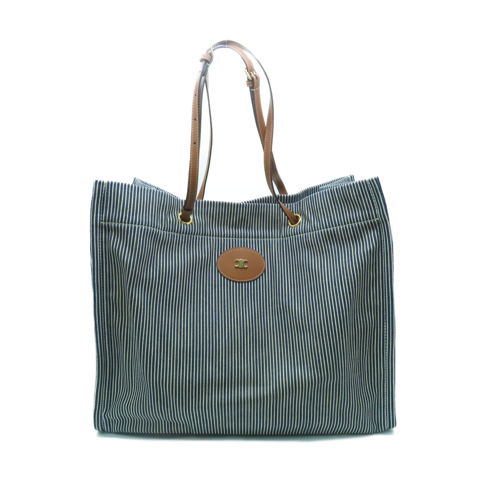 CELINE Canvas Tote Bag Gold Buckle Blue/White