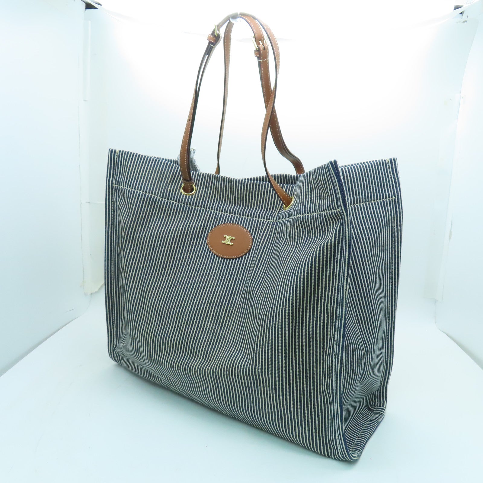 CELINE Canvas Tote Bag Gold Buckle Blue/White