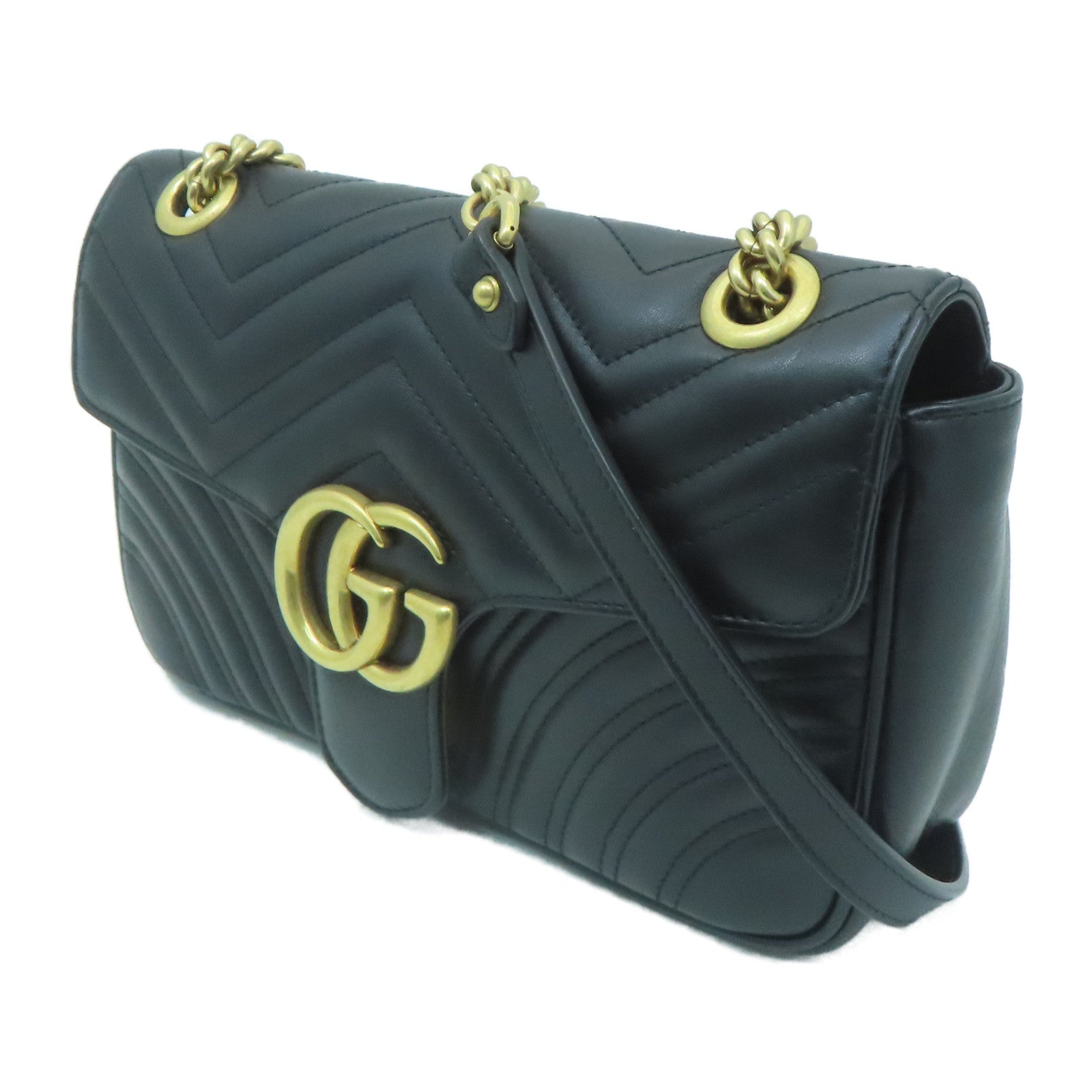 GUCCI 牛皮皮革GG Marmont Shoulder Bag金扣鏈帶肩背袋黑色