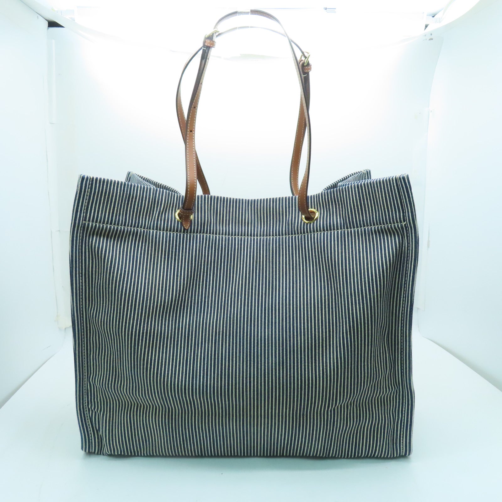 CELINE Canvas Tote Bag Gold Buckle Blue/White