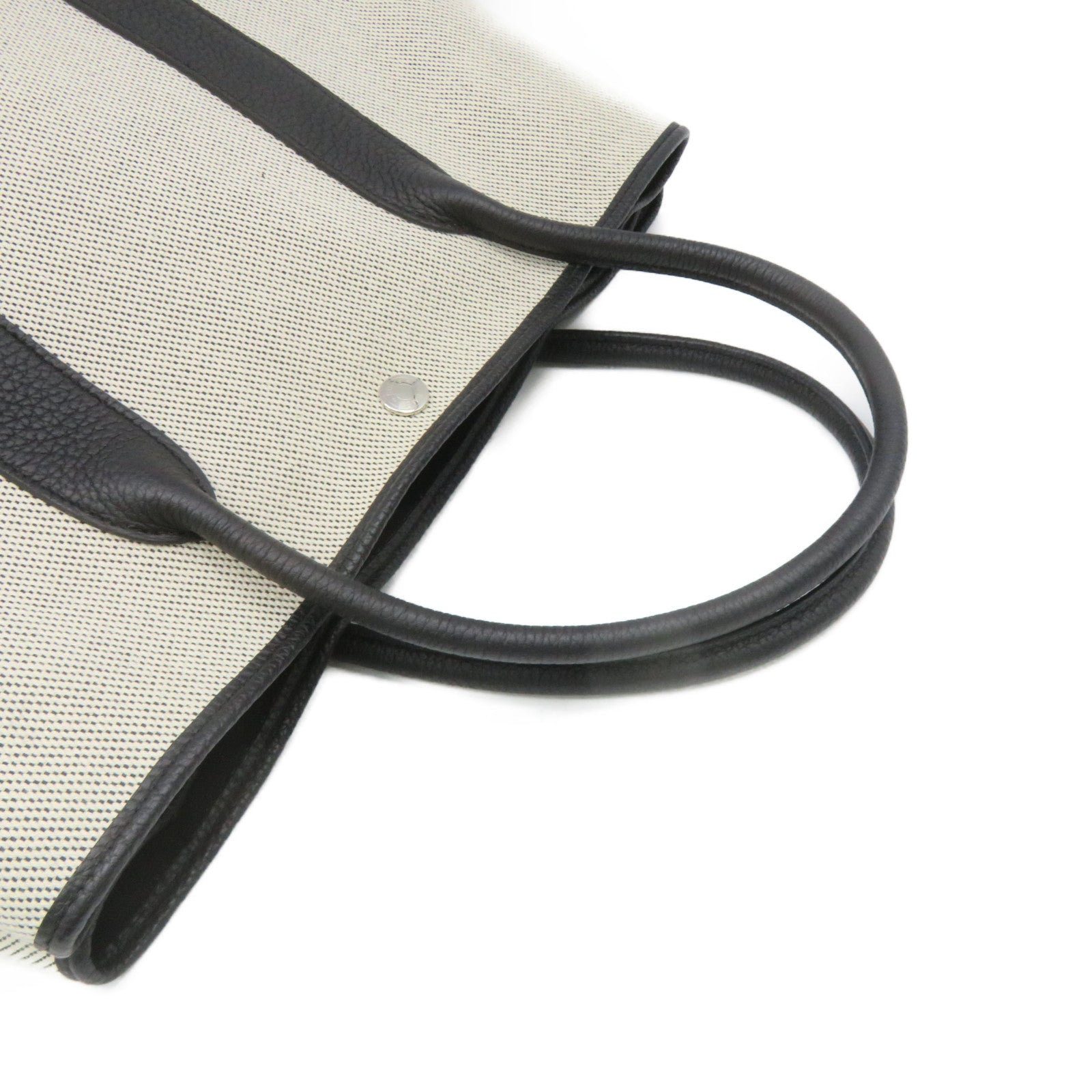 HERMES Toile H/皮革GardenParty PM Tote Bag银扣手挽袋米白色