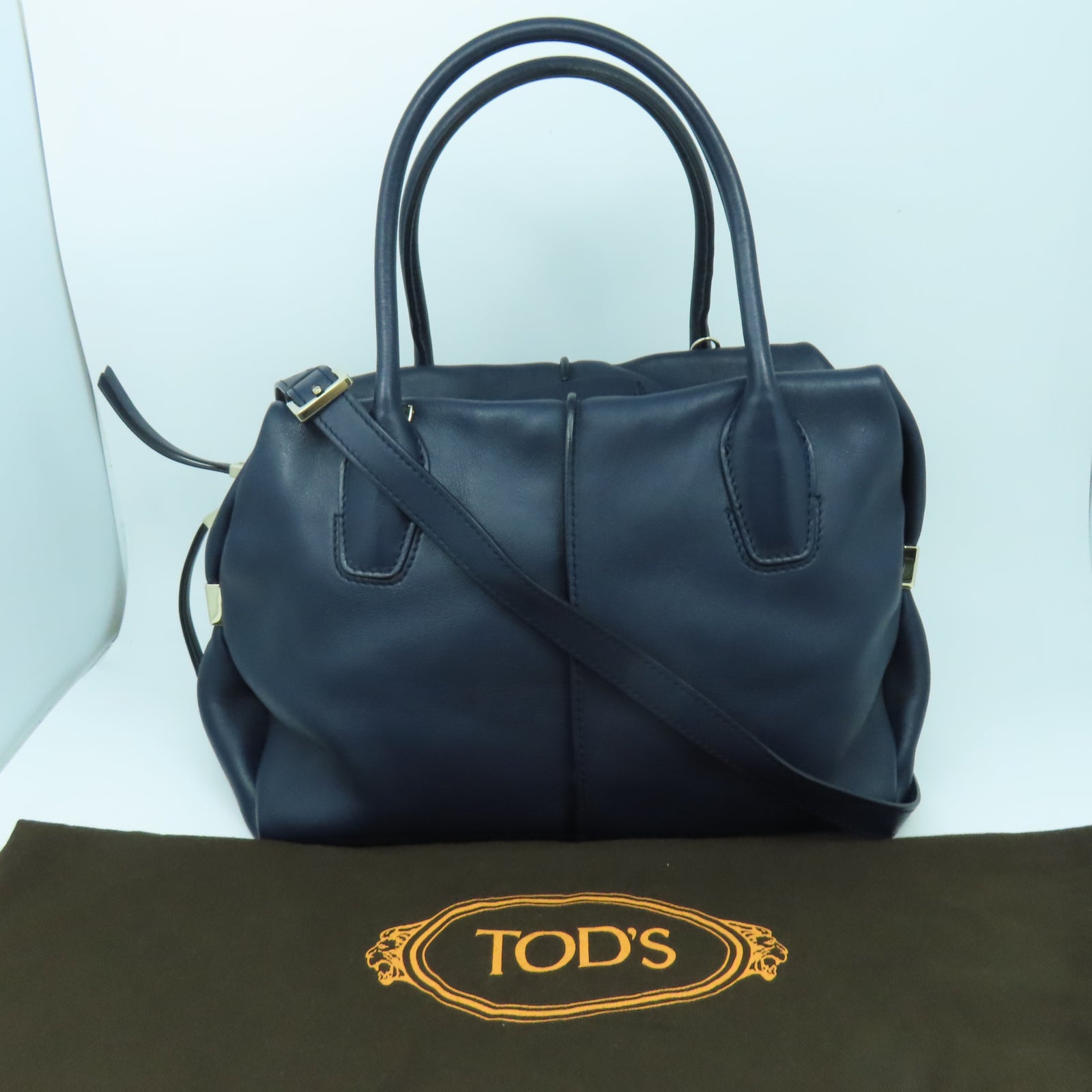 TOD’S 牛皮皮革2 Way Shoulder銀扣手挽肩背兩用袋深藍色