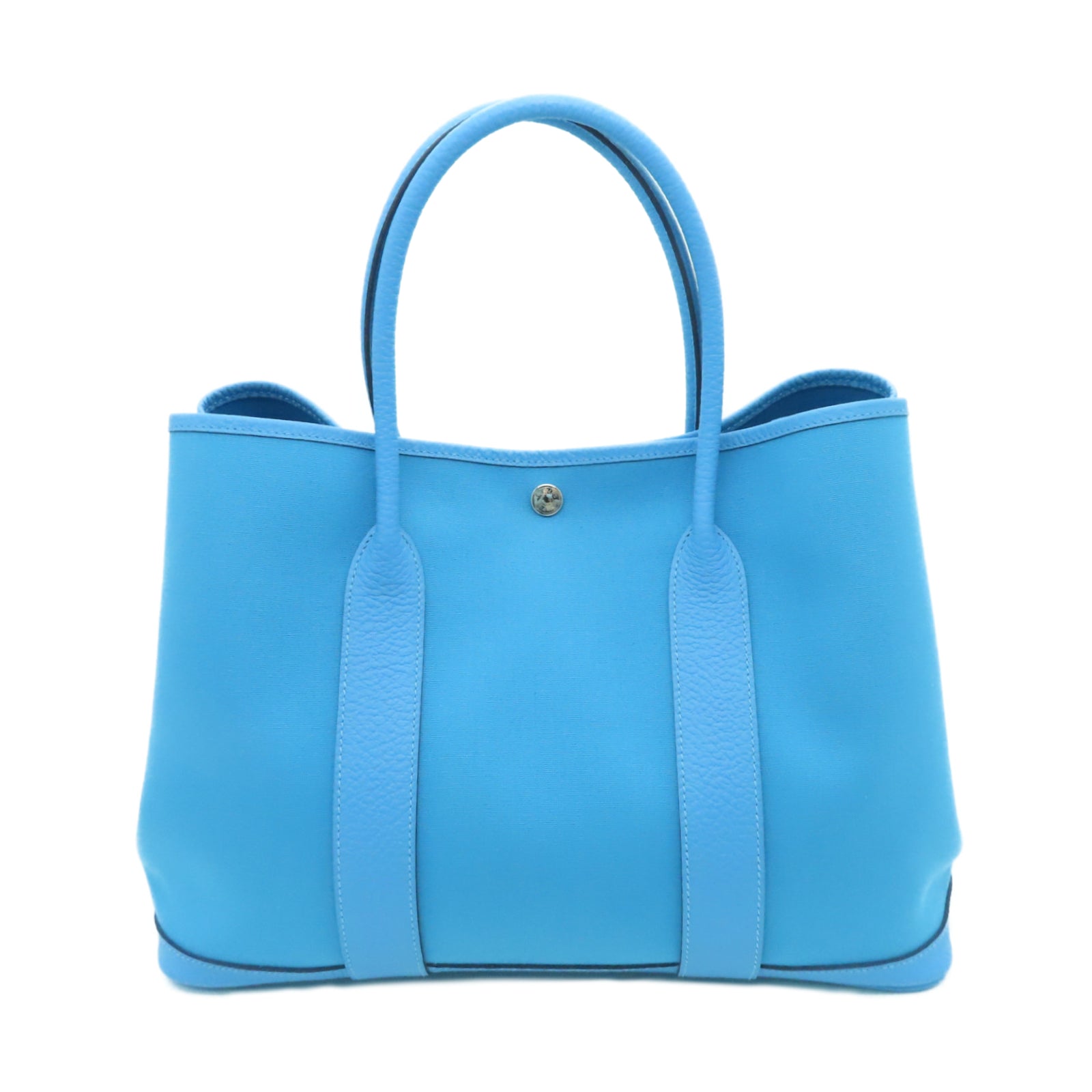 HERMES Canvas GardenParty PM Silver Button Handle Bag Blue Green