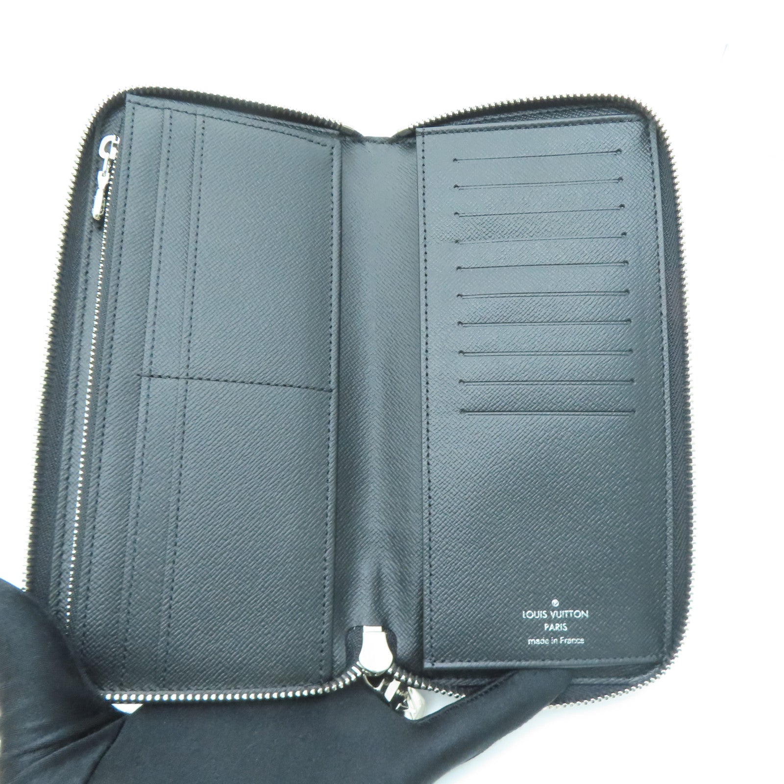 LOUIS VUITTON Damier皮革Zipper Long Wallet銀扣長錢包黑色