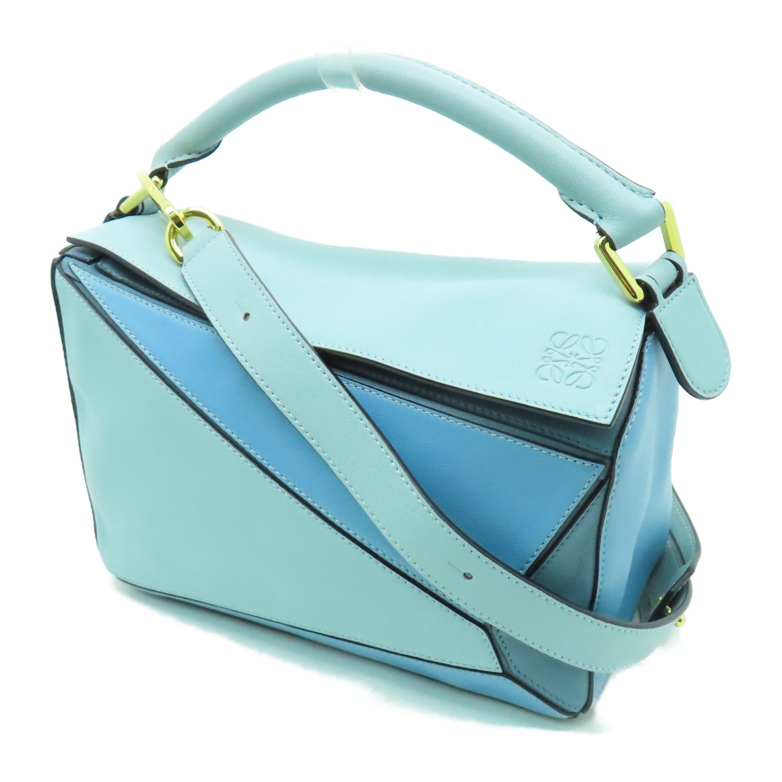 LOEWE 牛皮皮革Puzzle金扣手挽肩背兩用袋藍色