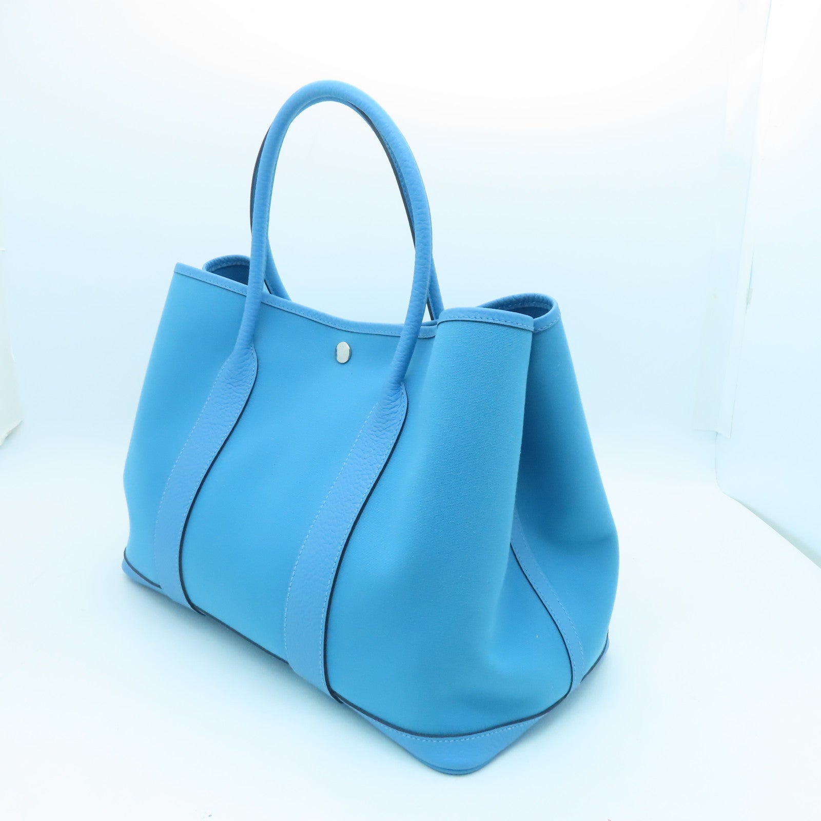 HERMES Canvas GardenParty PM Silver Button Handle Bag Blue Green