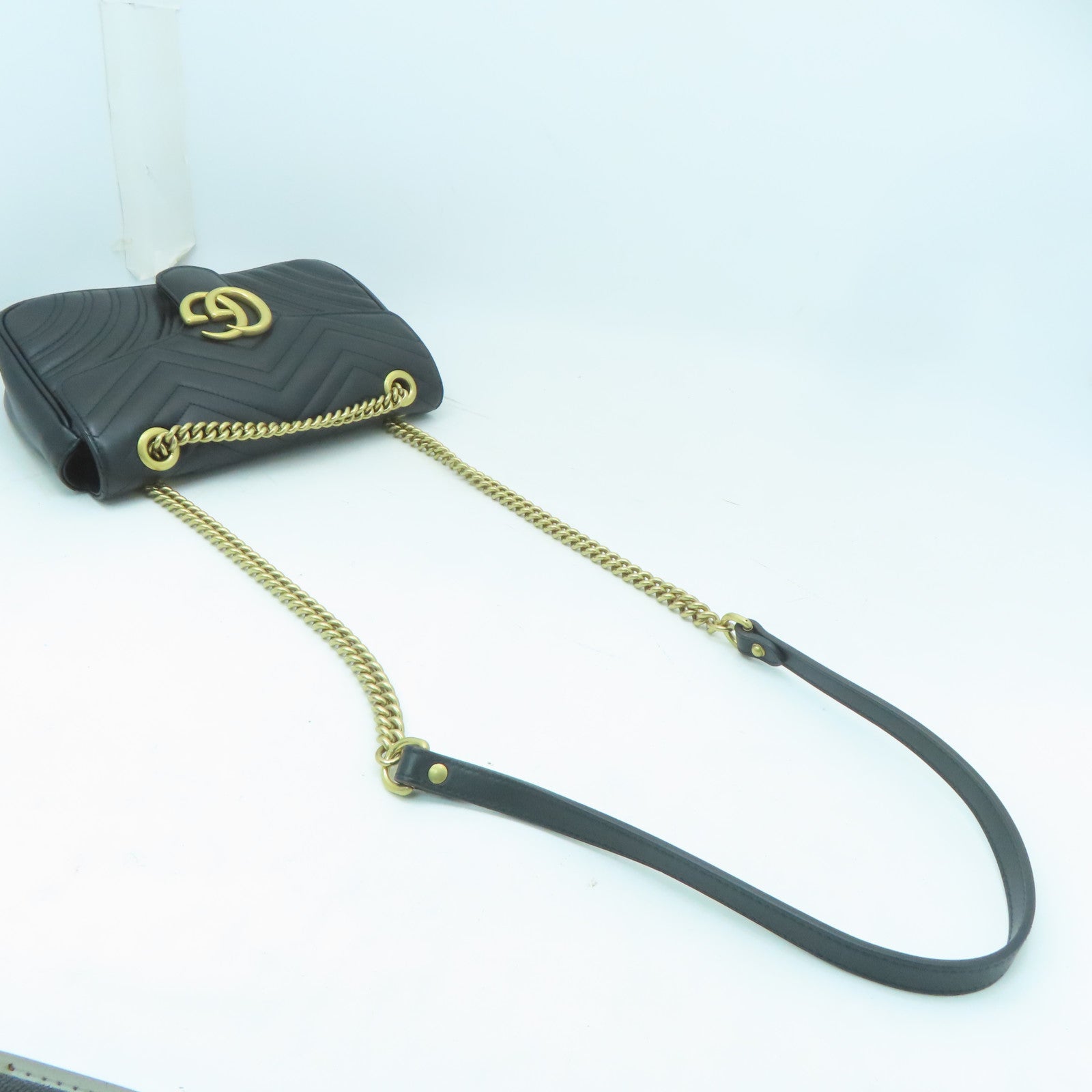 GUCCI 牛皮皮革GG Marmont Shoulder Bag金扣鏈帶肩背袋黑色