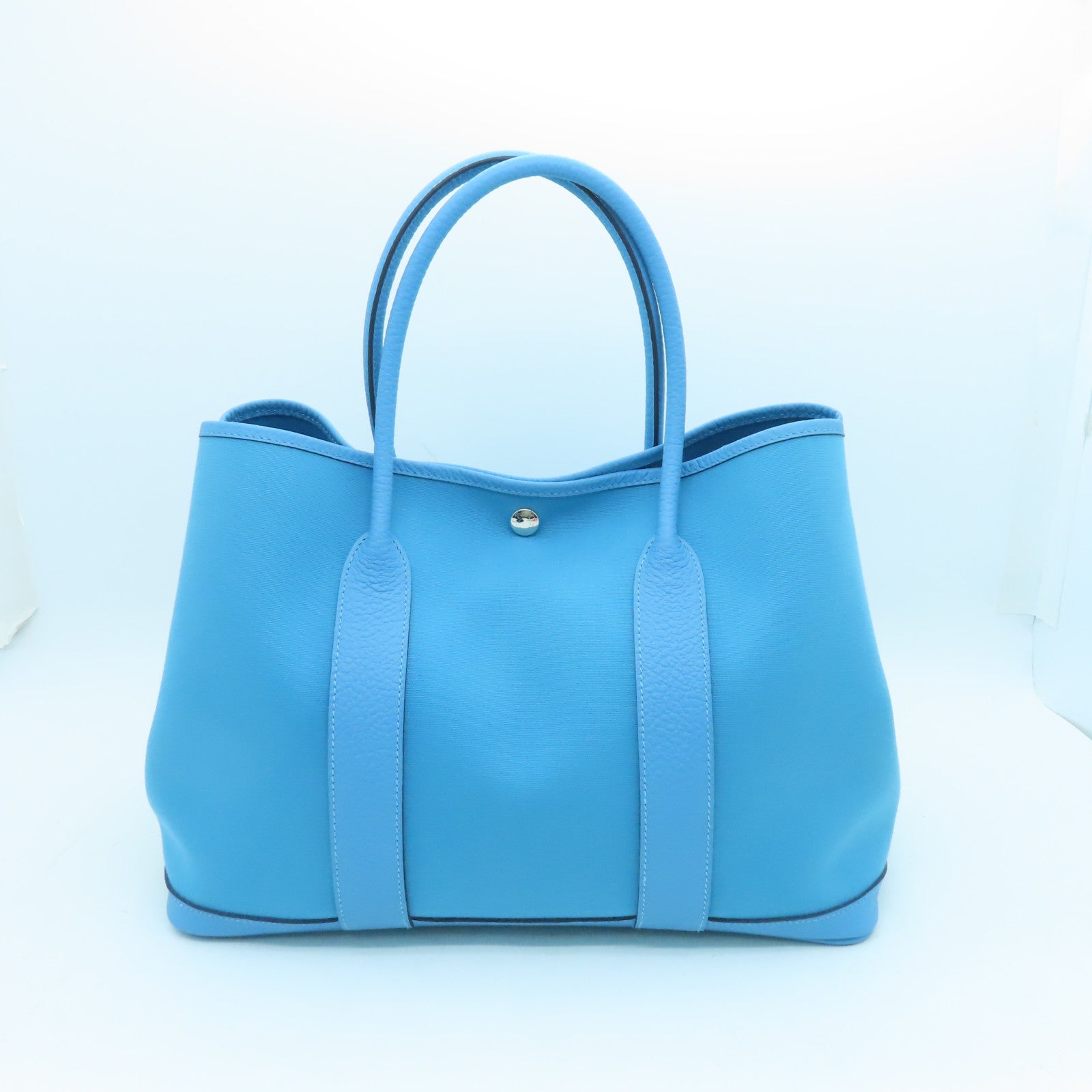 HERMES Canvas GardenParty PM Silver Button Handle Bag Blue Green