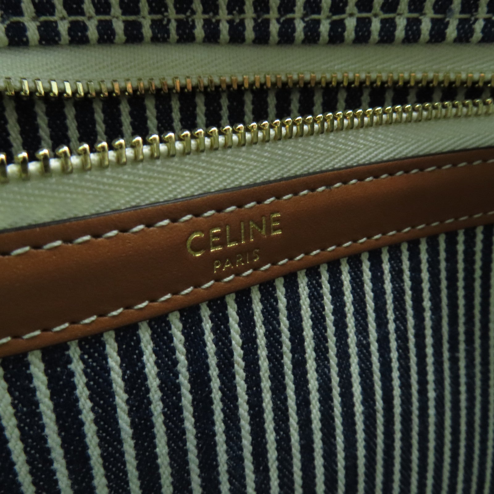 CELINE Canvas Tote Bag Gold Buckle Blue/White