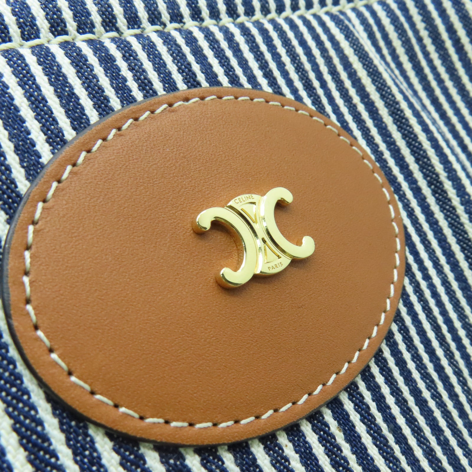 CELINE Canvas Tote Bag Gold Buckle Blue/White