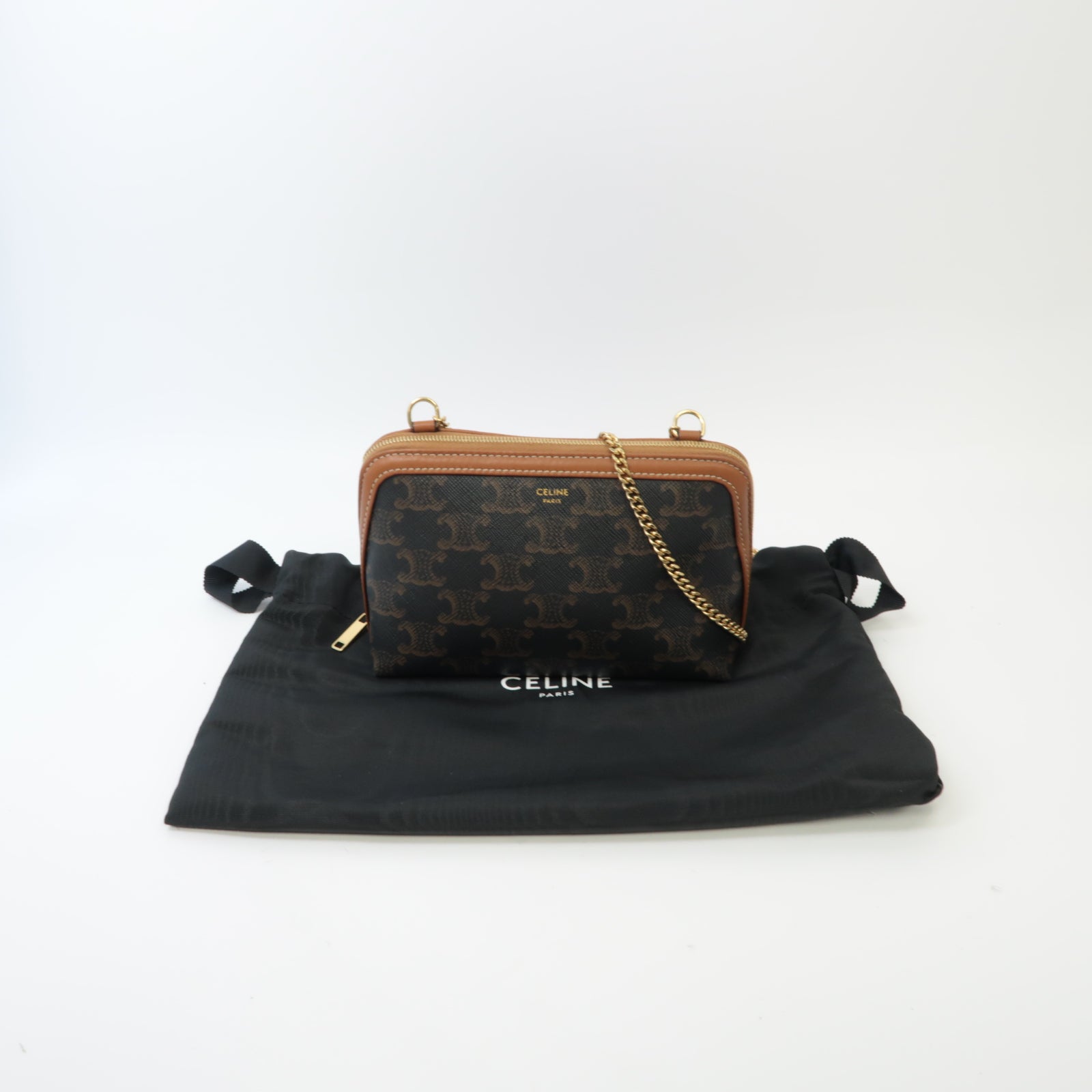 CELINE 塗層帆布Shoulder Bag金扣鏈帶肩背袋啡色