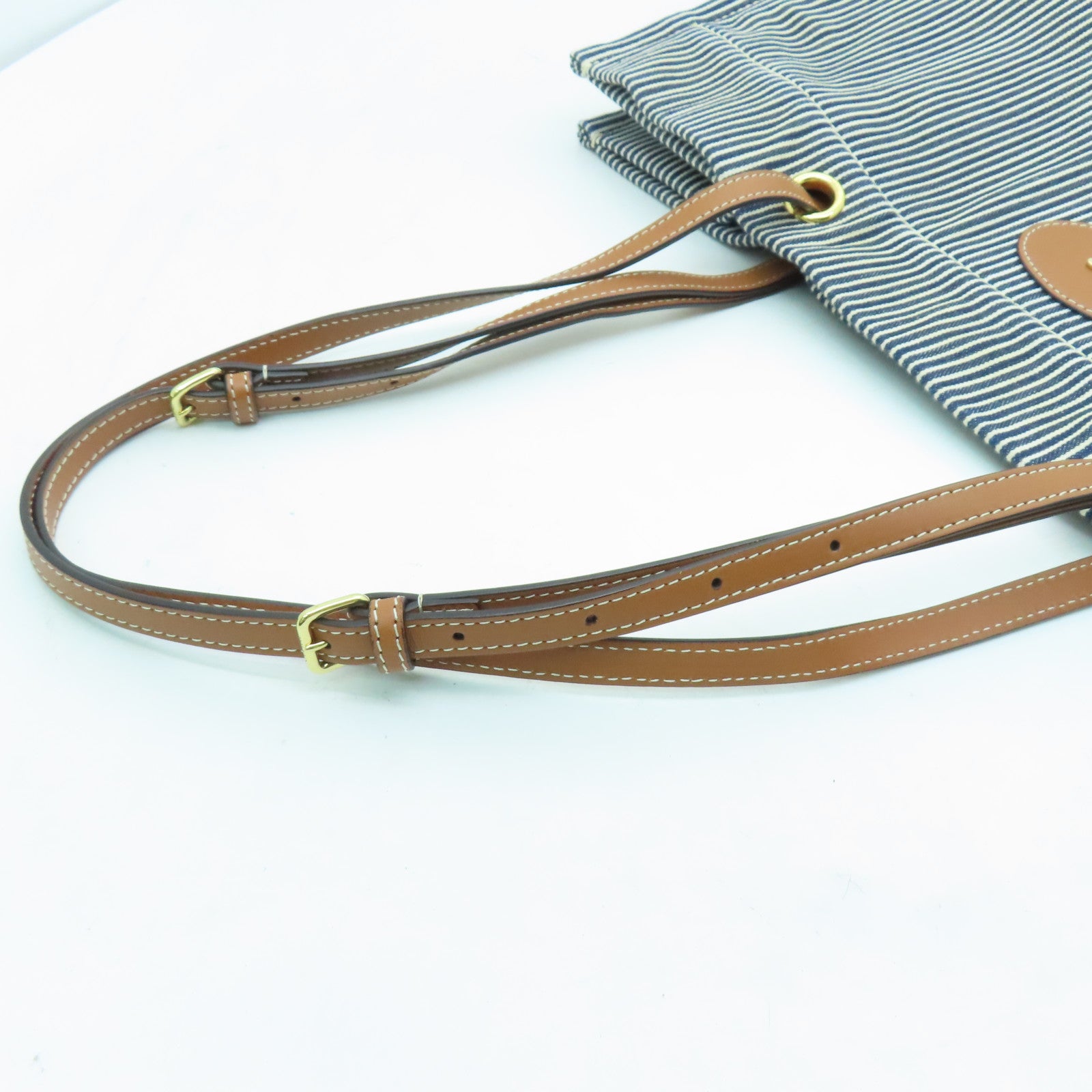 CELINE Canvas Tote Bag Gold Buckle Blue/White