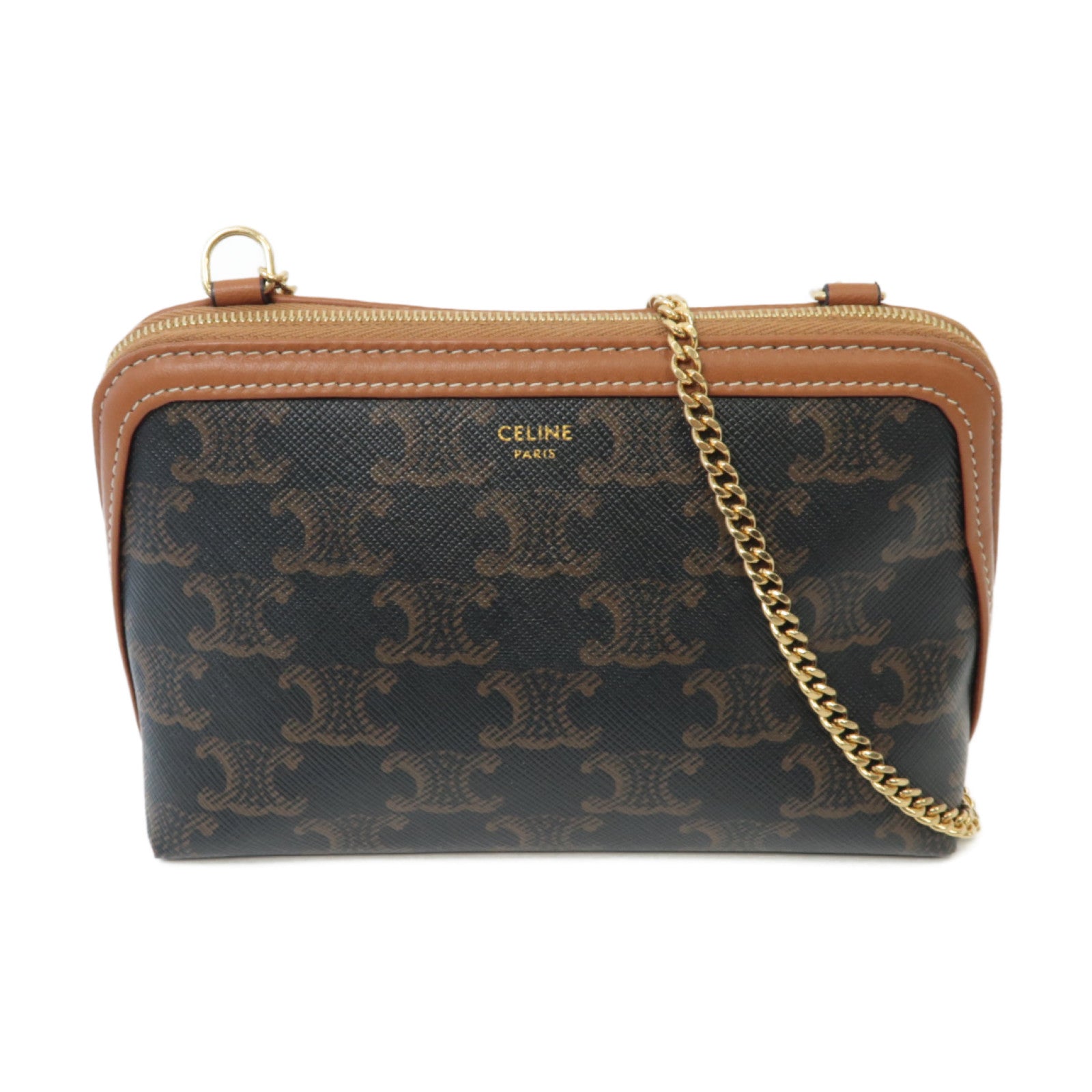 CELINE 塗層帆布Shoulder Bag金扣鏈帶肩背袋啡色