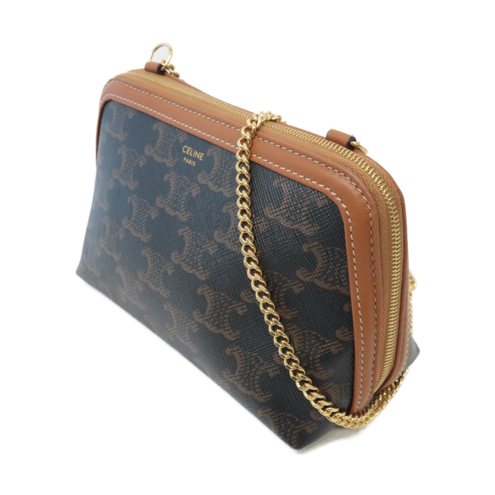 CELINE 塗層帆布Shoulder Bag金扣鏈帶肩背袋啡色