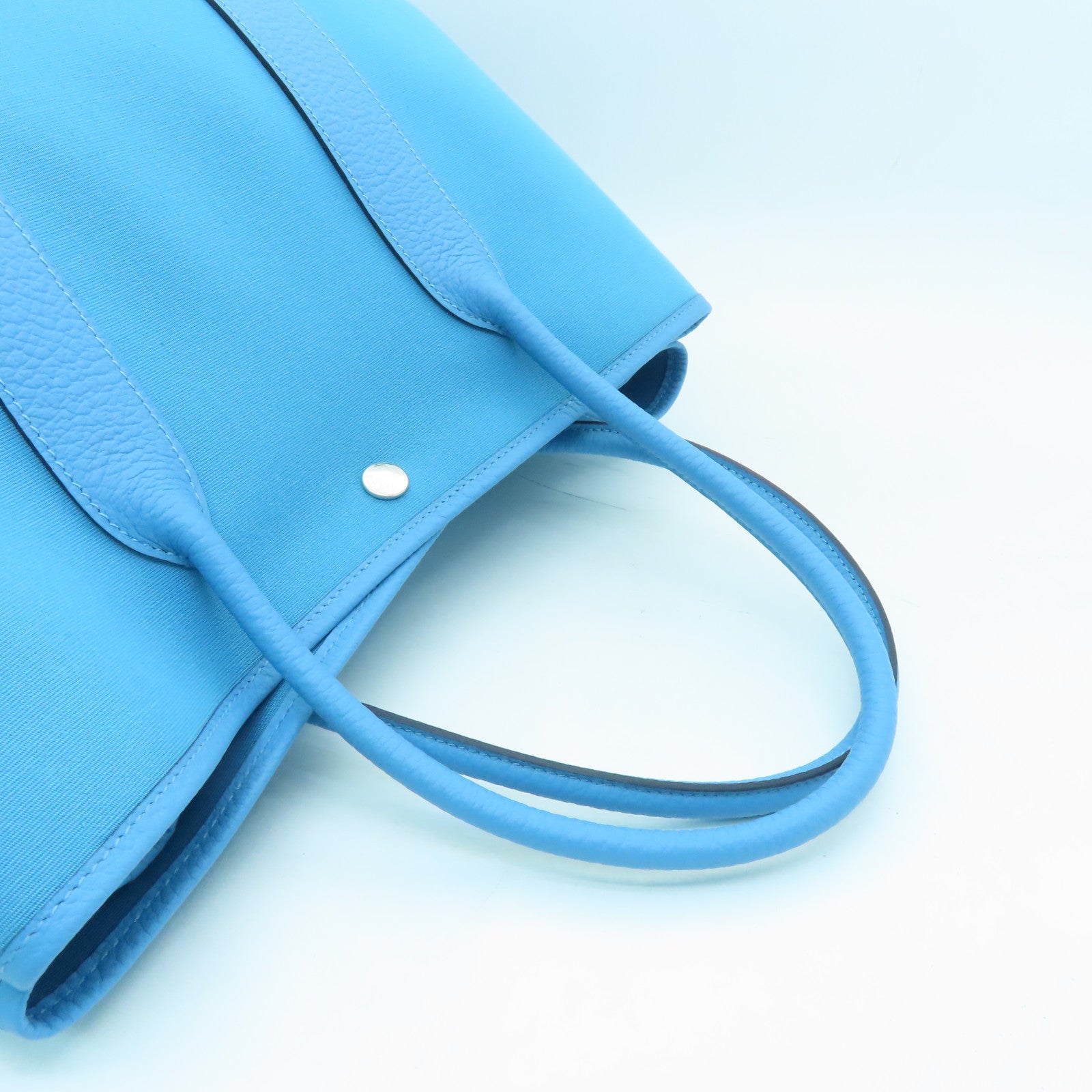 HERMES Canvas GardenParty PM Silver Button Handle Bag Blue Green