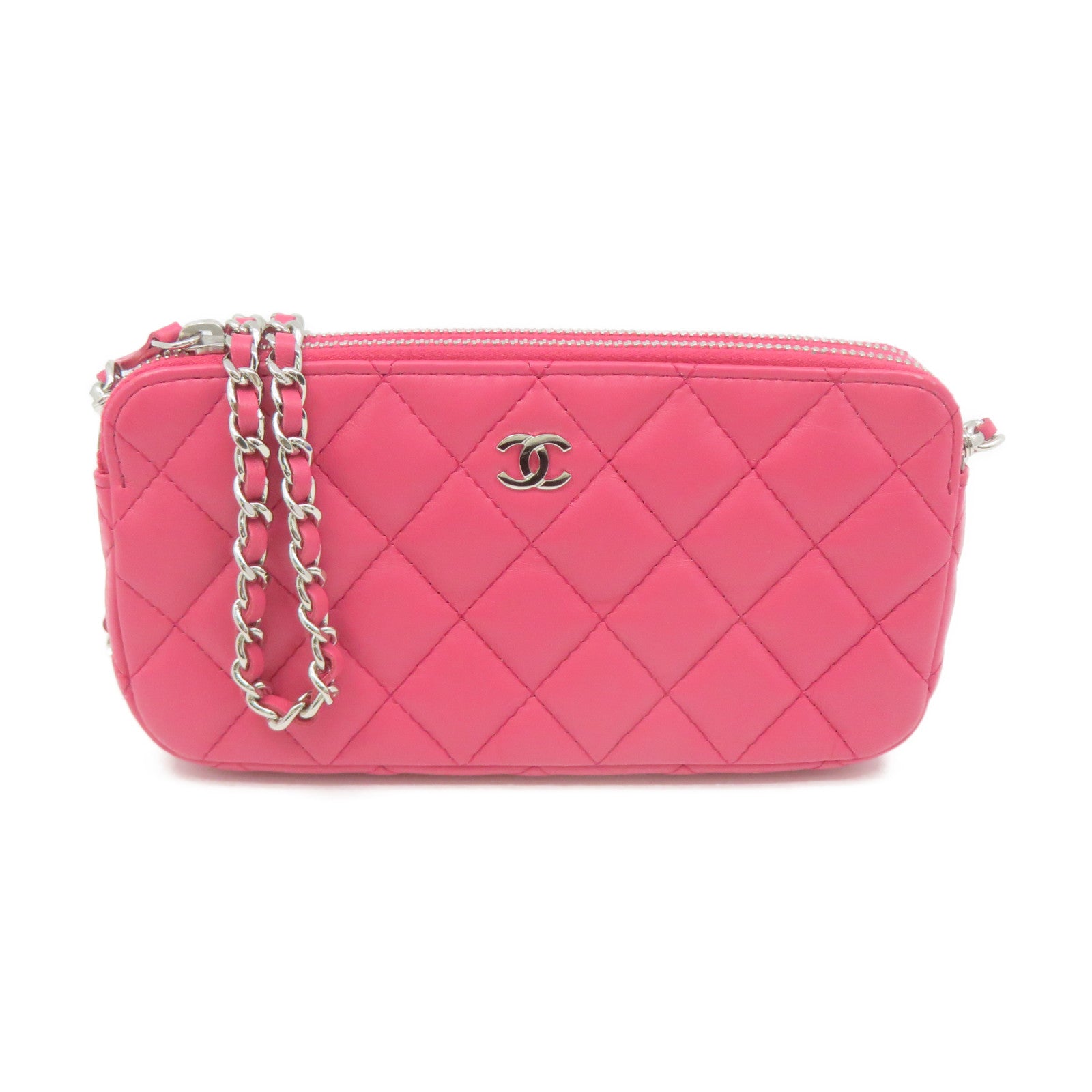 CHANEL 菱格羊皮皮革Chain Shoulder Bag银扣链带肩背袋粉红色