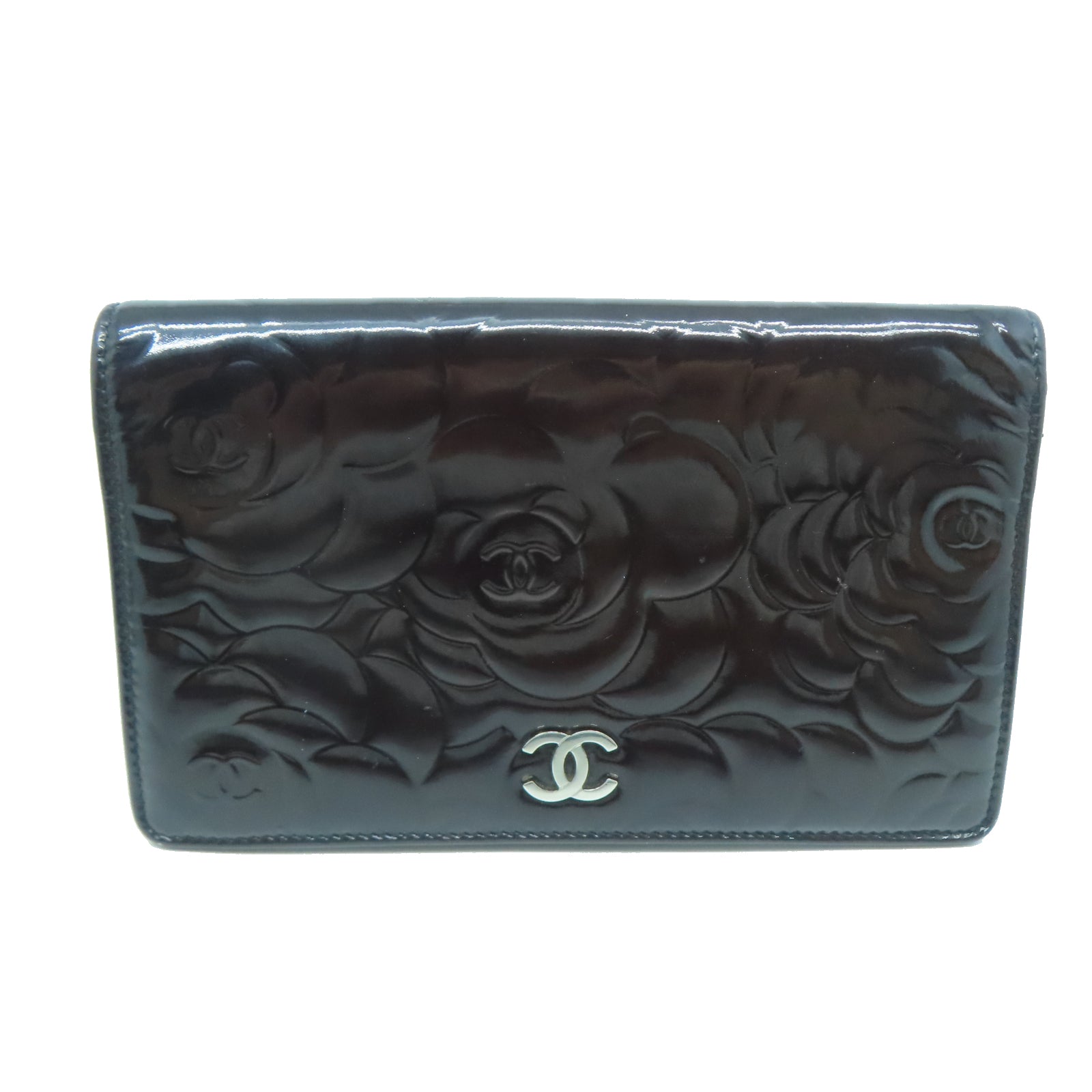 CHANEL 漆皮皮革Long Wallet銀扣長錢包黑色