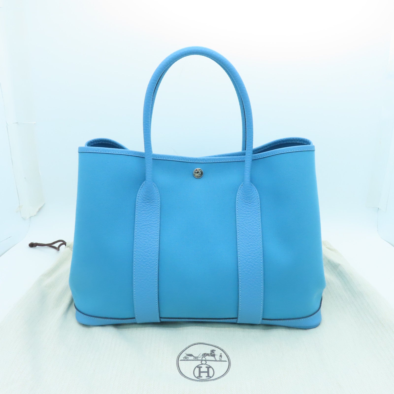HERMES Canvas GardenParty PM Silver Button Handle Bag Blue Green