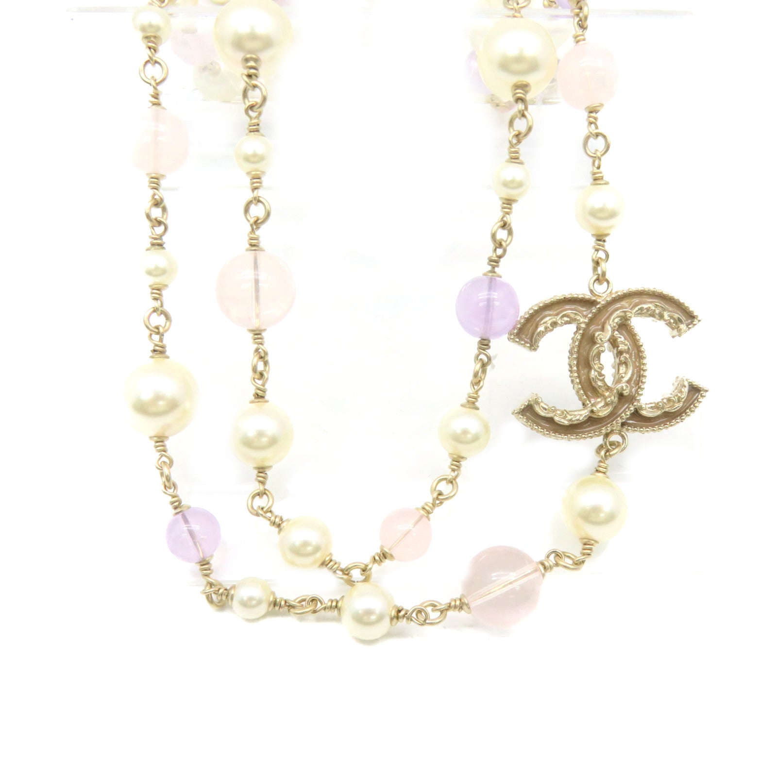 CHANEL Metal/Imitation Pearl CC Necklace Pearl/Purple/Pink/Gold