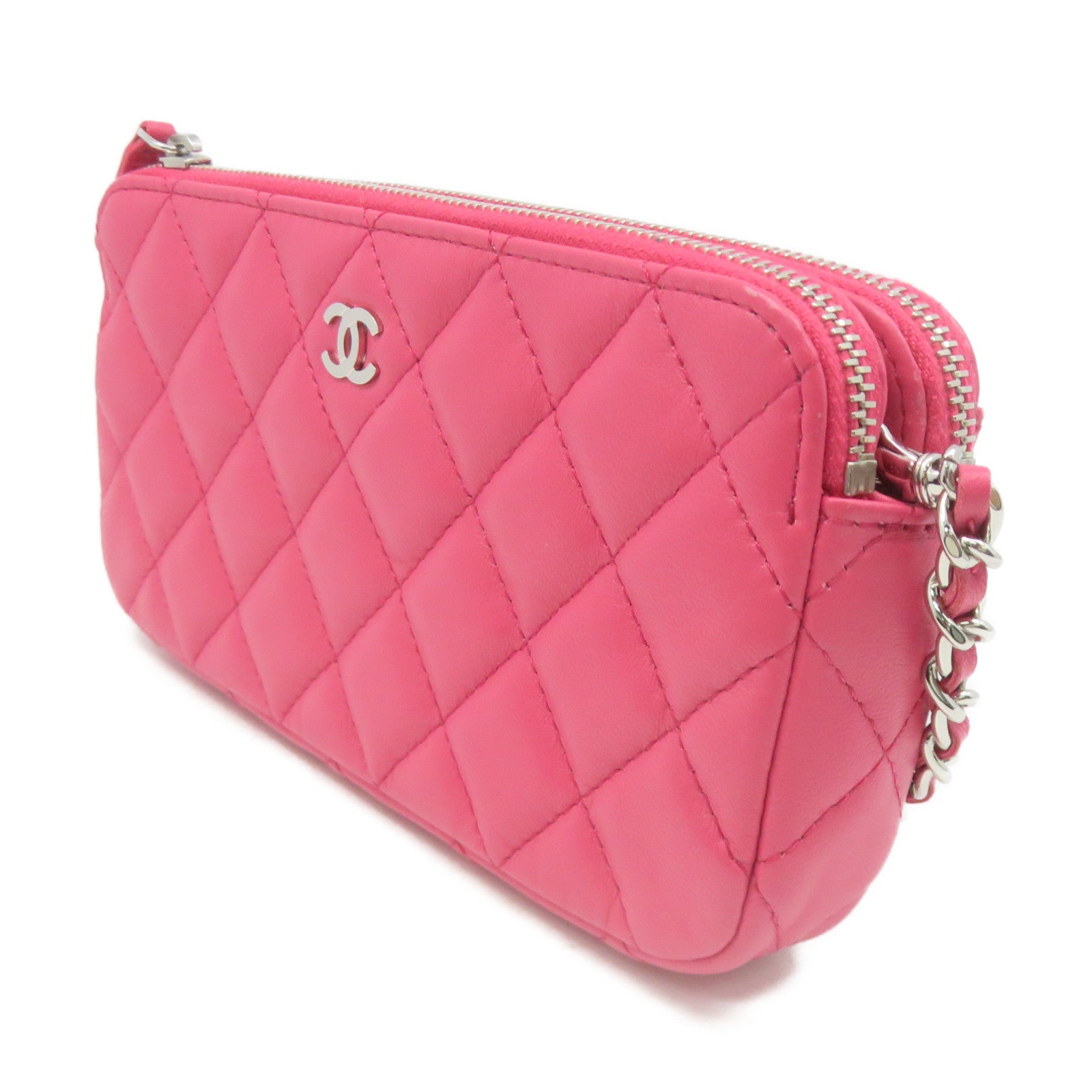 CHANEL 菱格羊皮皮革Chain Shoulder Bag银扣链带肩背袋粉红色