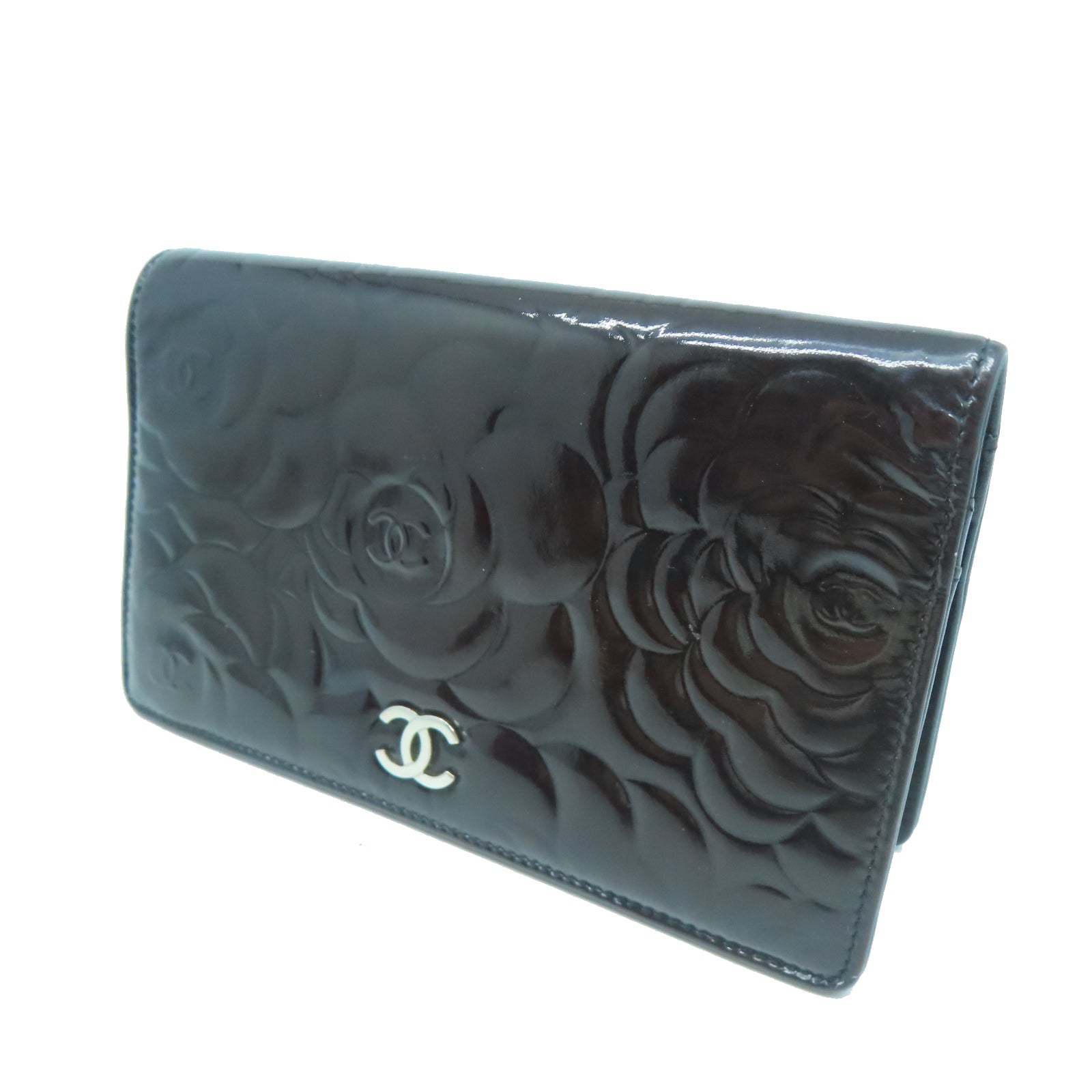 CHANEL 漆皮皮革Long Wallet銀扣長錢包黑色