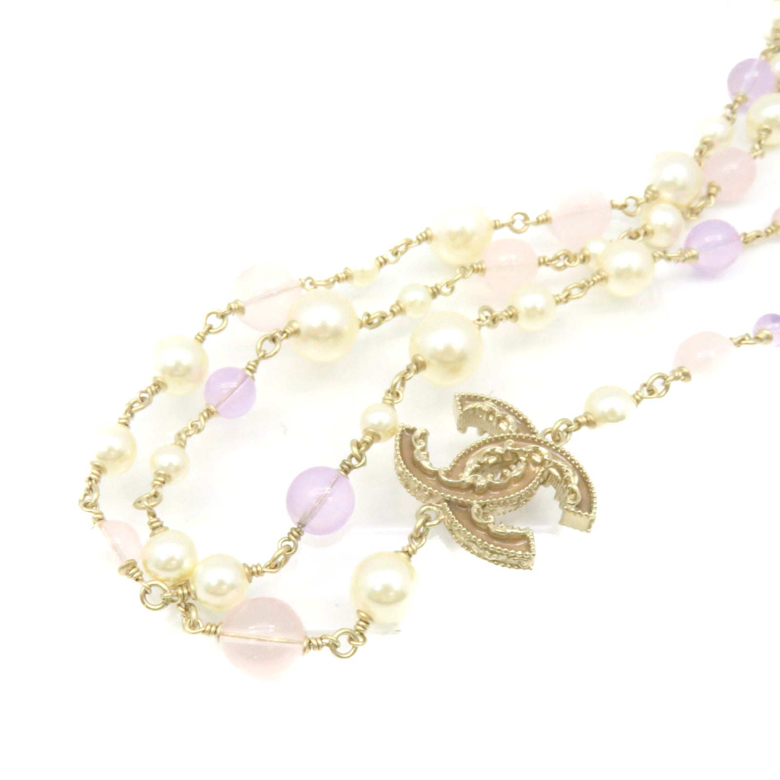 CHANEL Metal/Imitation Pearl CC Necklace Pearl/Purple/Pink/Gold