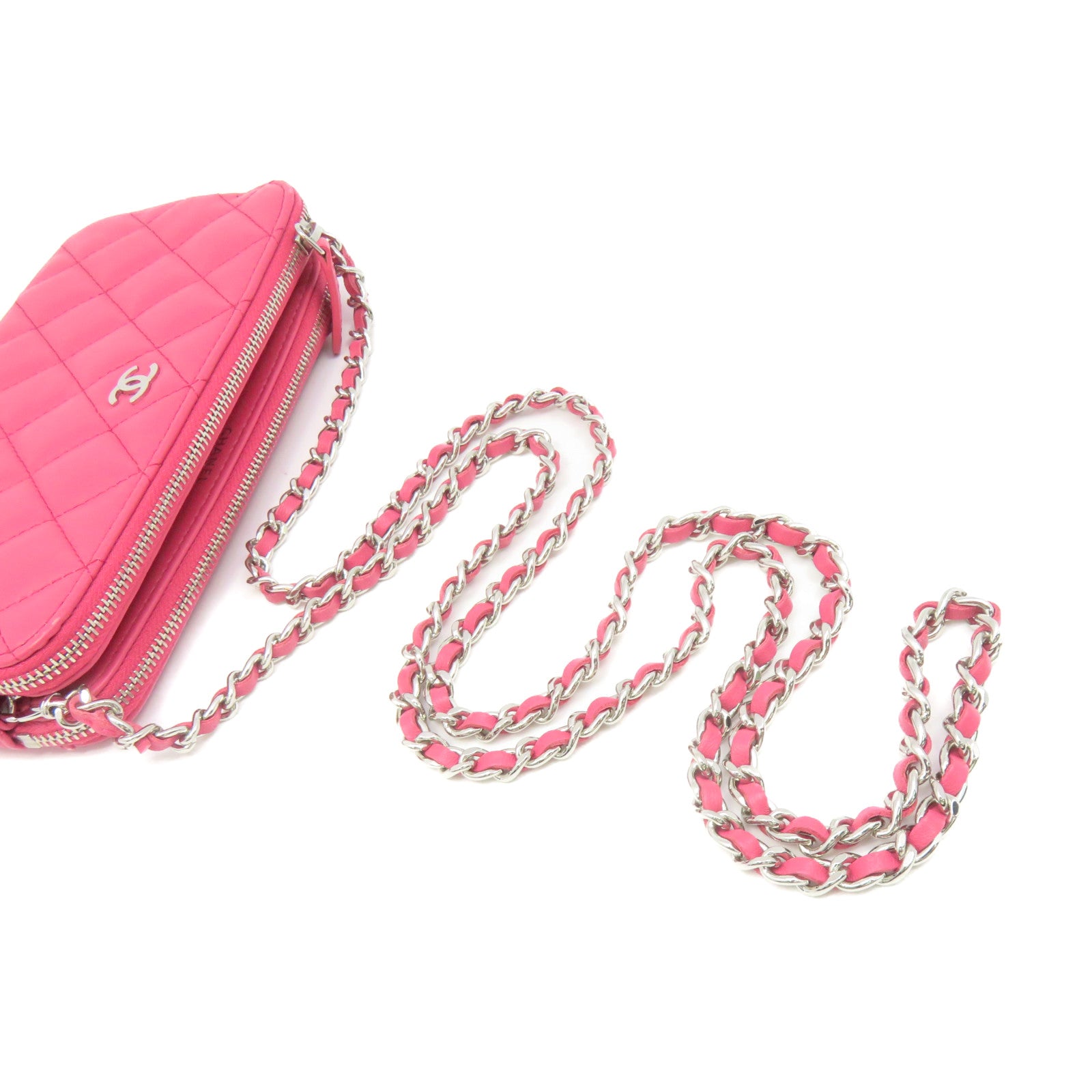 CHANEL 菱格羊皮皮革Chain Shoulder Bag银扣链带肩背袋粉红色