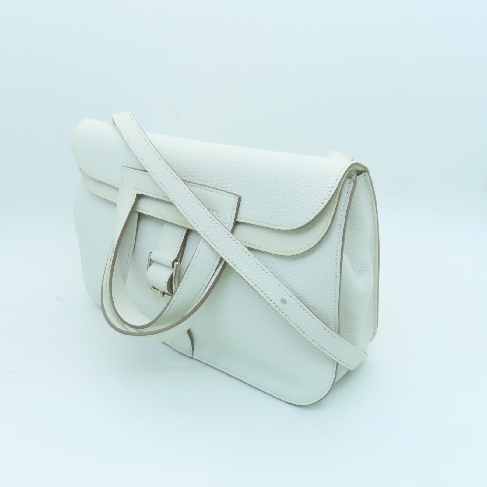 HERMES Clemence Leather Halzan 31 Silver Buckle Handle Shoulder Bag Blanc White