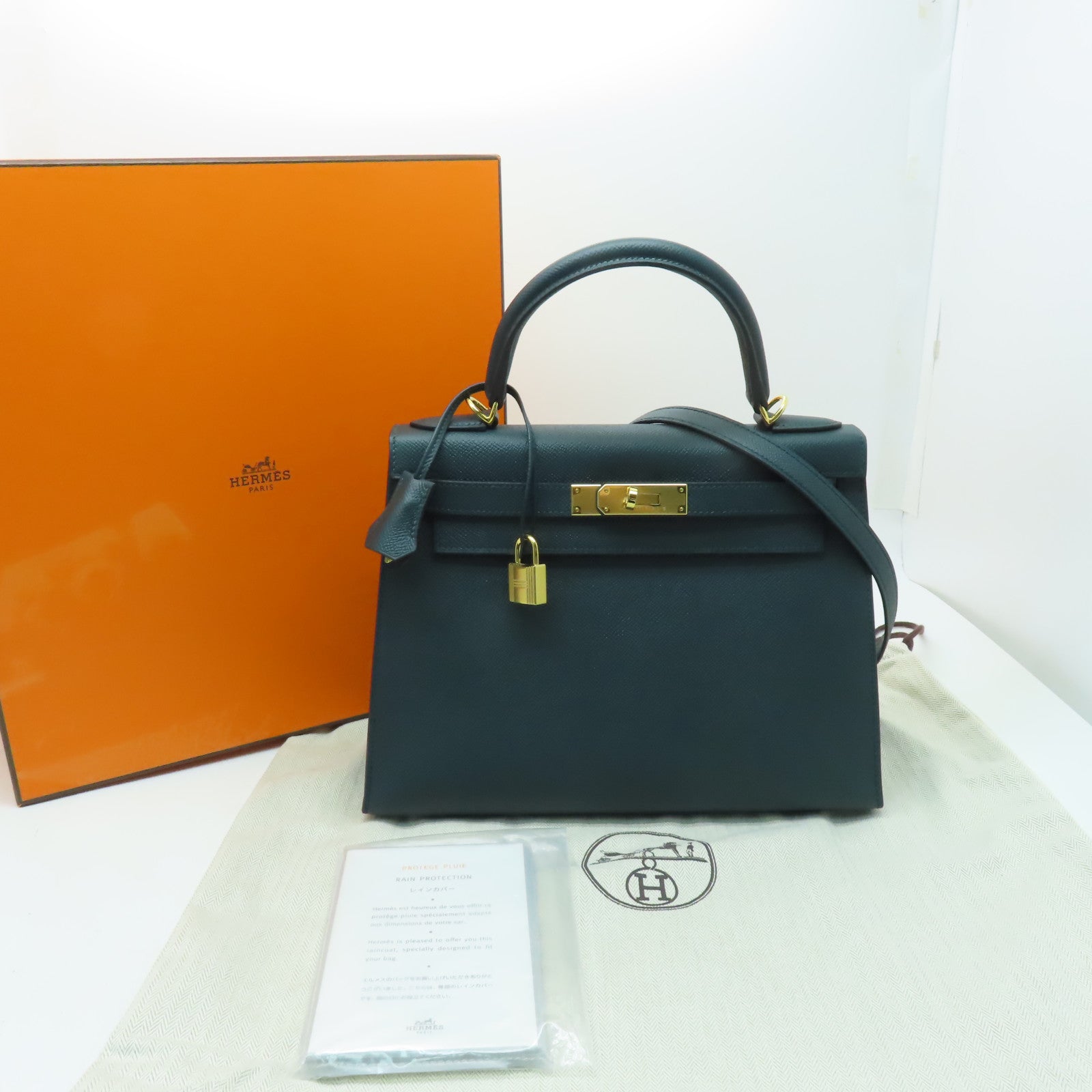 HERMES 【激減優惠】Epsom皮革Kelly 28金扣手挽袋Vert Cypres綠色