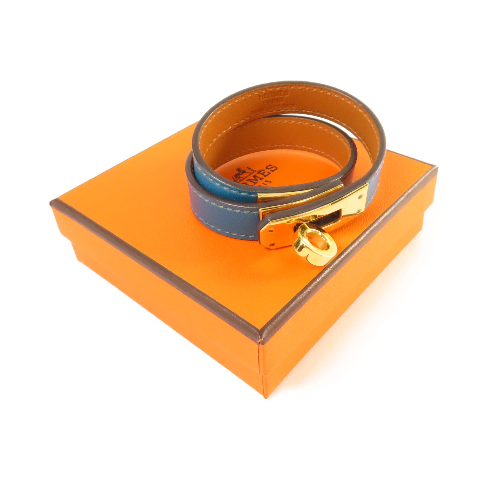 HERMES Box Calf皮革Kelly Double Tour XS Bracelet金扣手鏈Cobalt鈷藍色