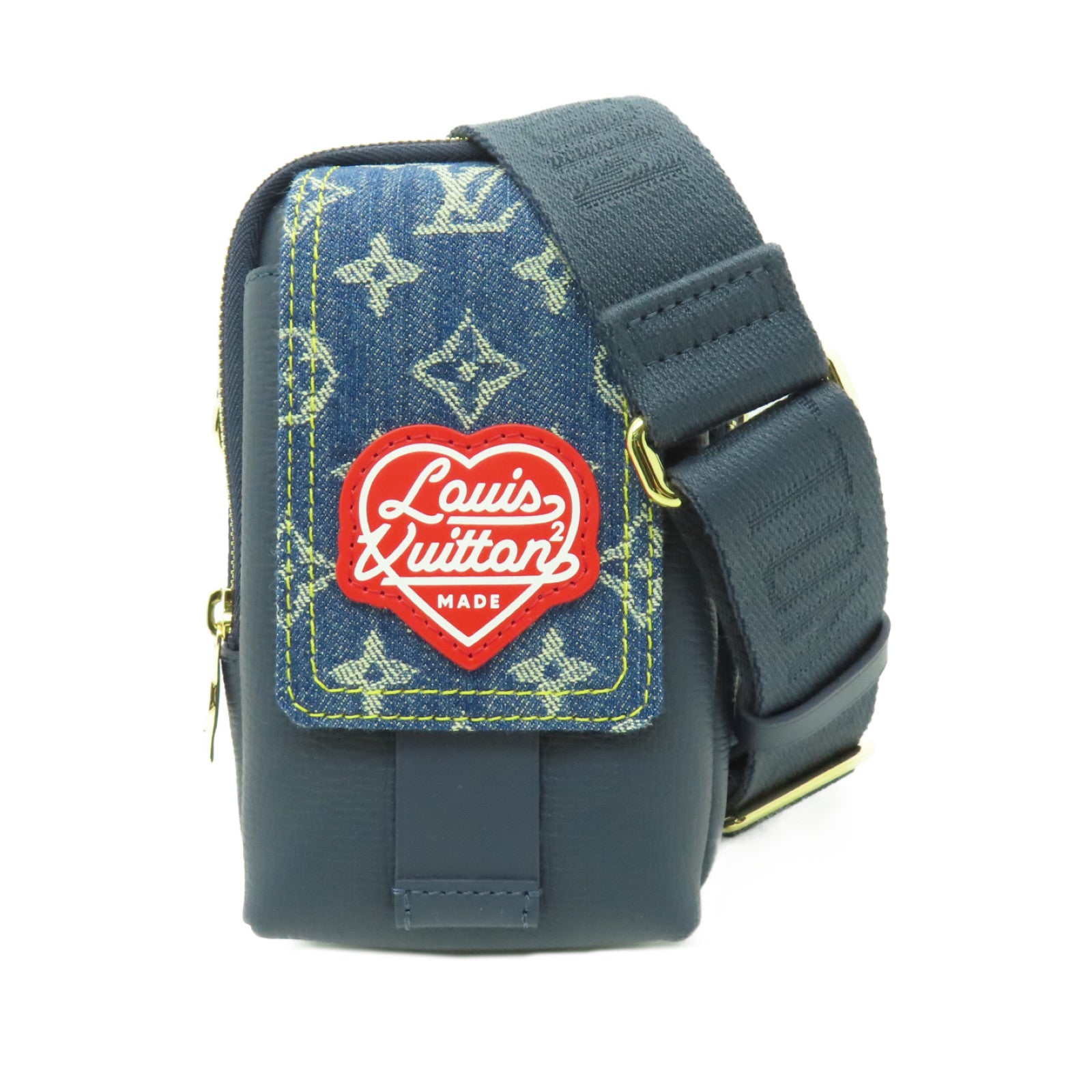 LOUIS VUITTON Monogram Denim Flap Double Phone Pouch金扣肩背袋深藍色