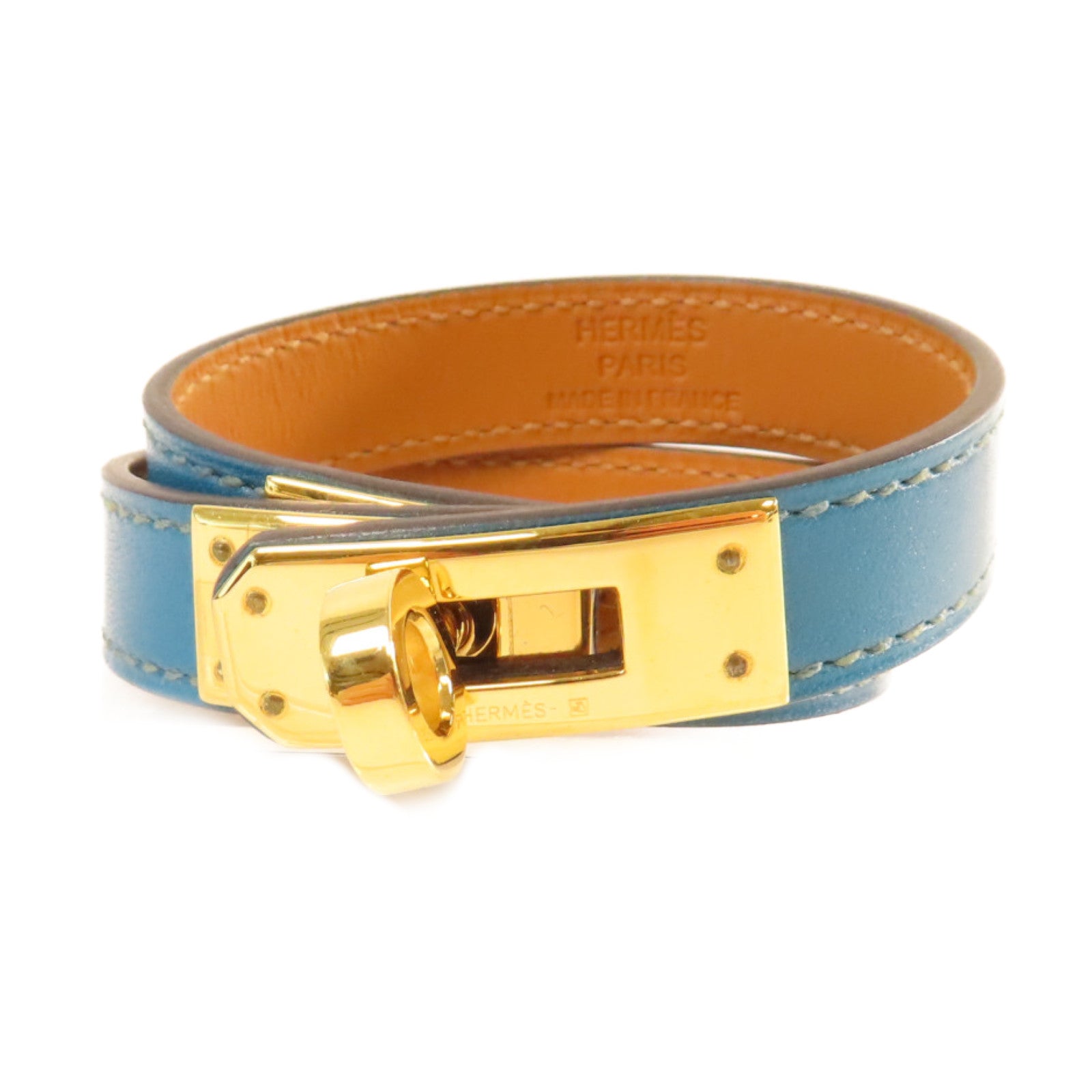 HERMES Box Calf皮革Kelly Double Tour XS Bracelet金扣手鏈Cobalt鈷藍色