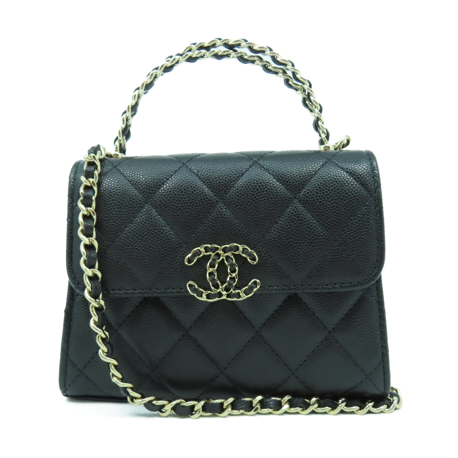 CHANEL 菱格Caviar皮革Chain Shoulder銀扣鏈帶手挽肩背兩用袋黑色