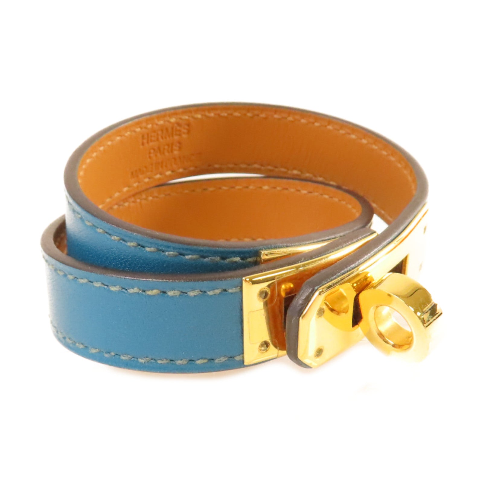 HERMES Box Calf皮革Kelly Double Tour XS Bracelet金扣手鏈Cobalt鈷藍色