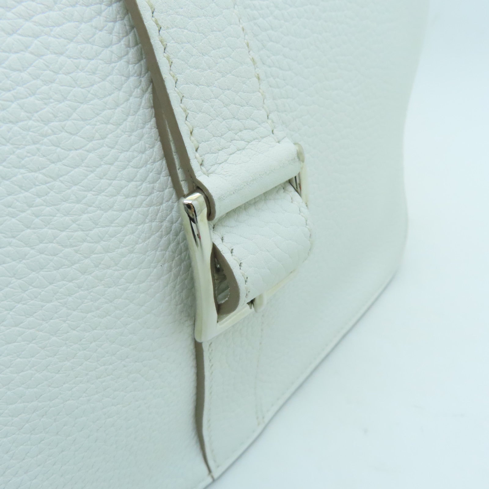 HERMES Clemence Leather Halzan 31 Silver Buckle Handle Shoulder Bag Blanc White