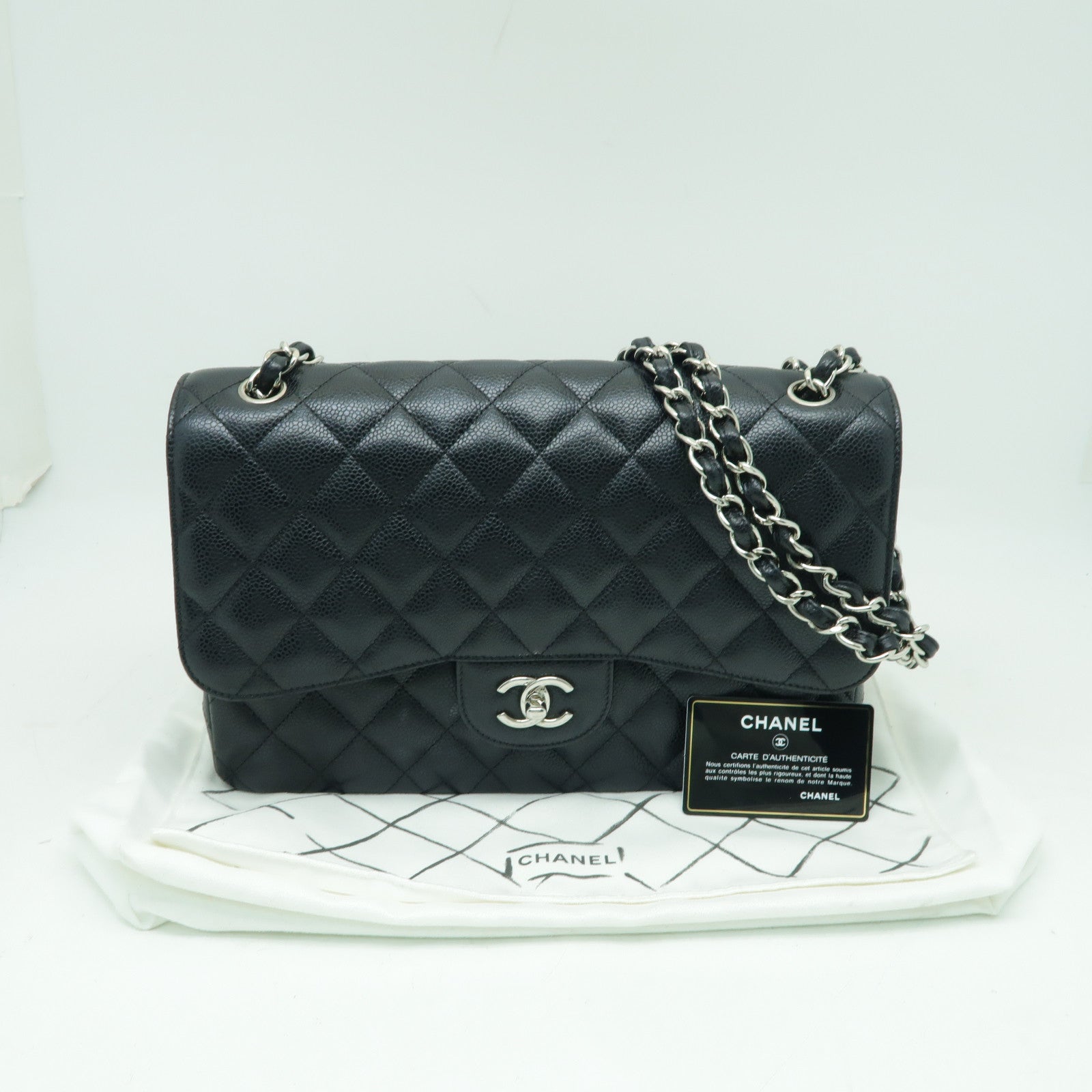 CHANEL 菱格Caviar皮革Jumbo銀扣鏈帶肩背袋黑色