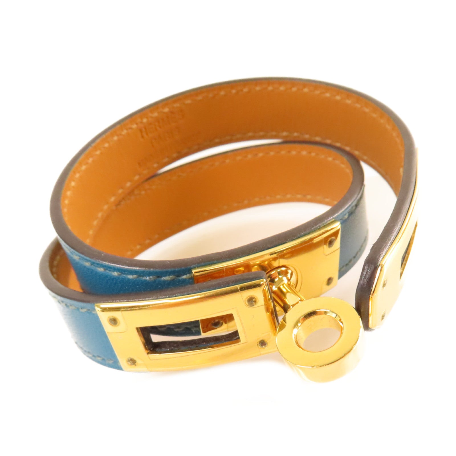 HERMES Box Calf皮革Kelly Double Tour XS Bracelet金扣手鏈Cobalt鈷藍色
