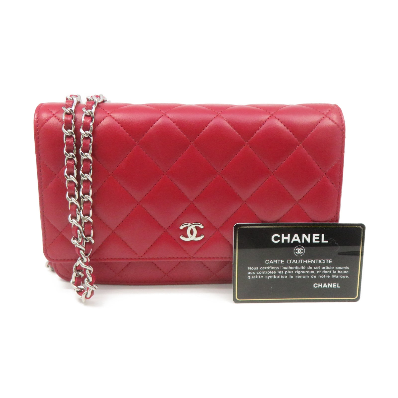 CHANEL 菱格羊皮皮革WOC Chain Shoulder Bag銀扣鏈帶錢包肩背袋紅色