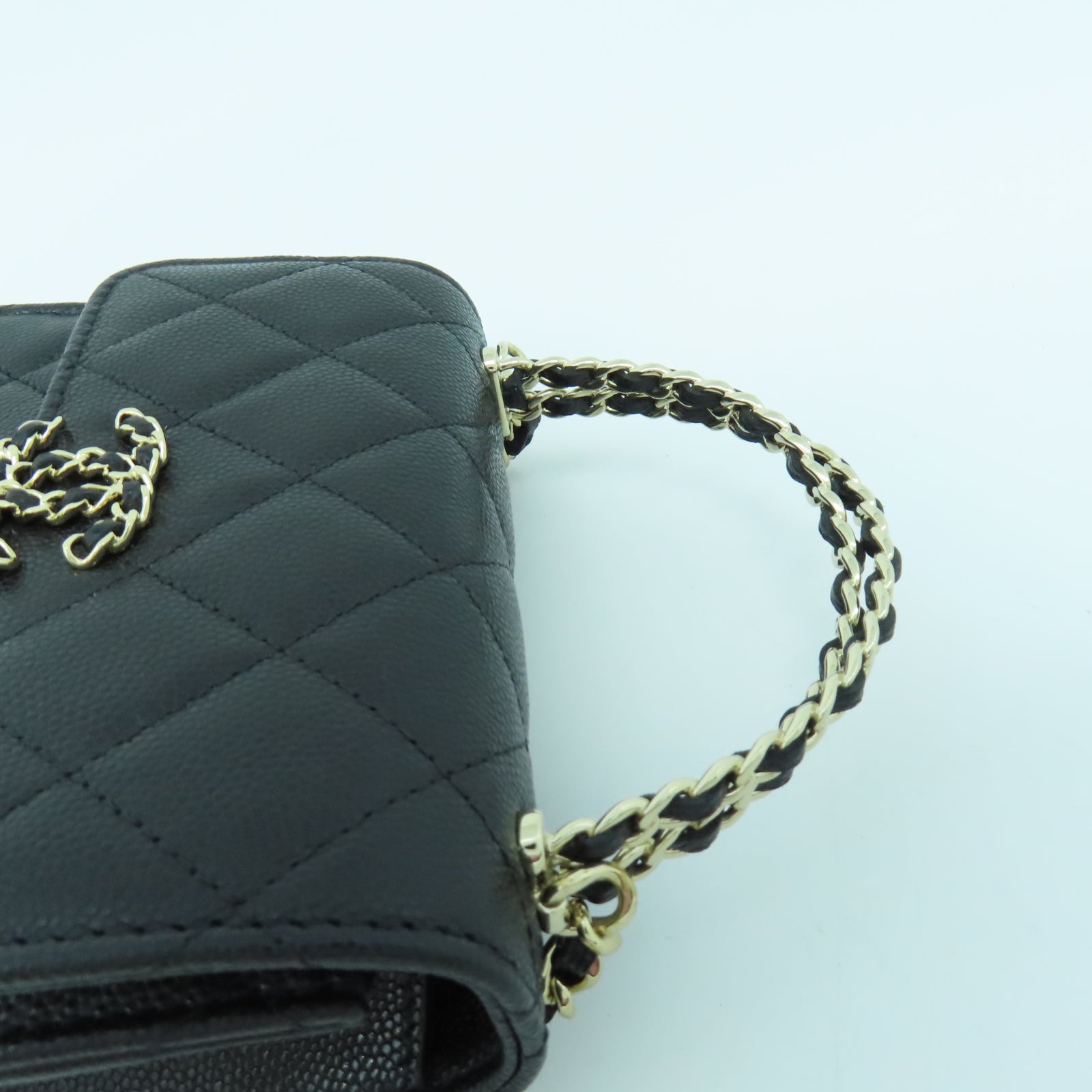 CHANEL 菱格Caviar皮革Chain Shoulder銀扣鏈帶手挽肩背兩用袋黑色