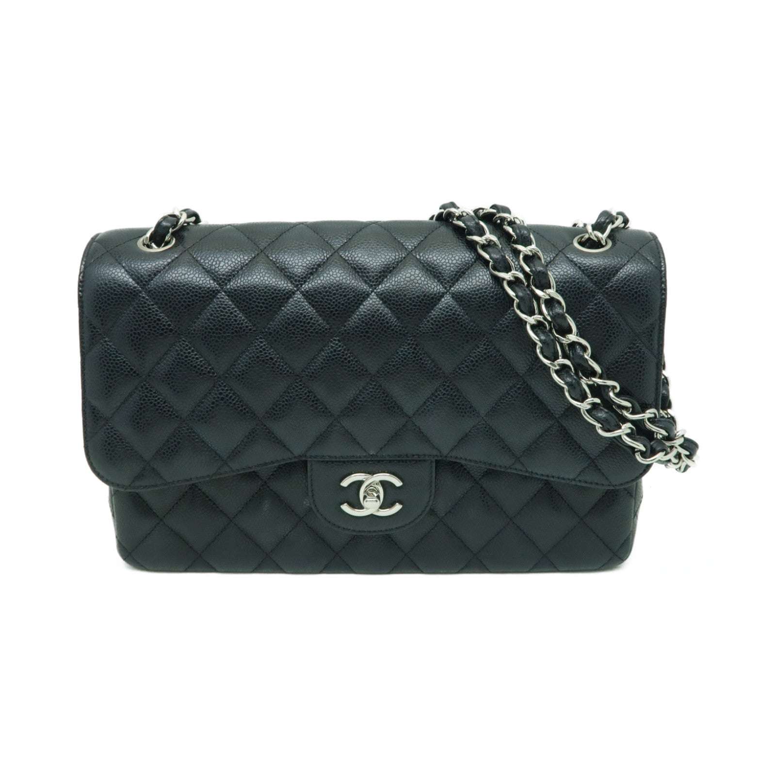 CHANEL 菱格Caviar皮革Jumbo銀扣鏈帶肩背袋黑色