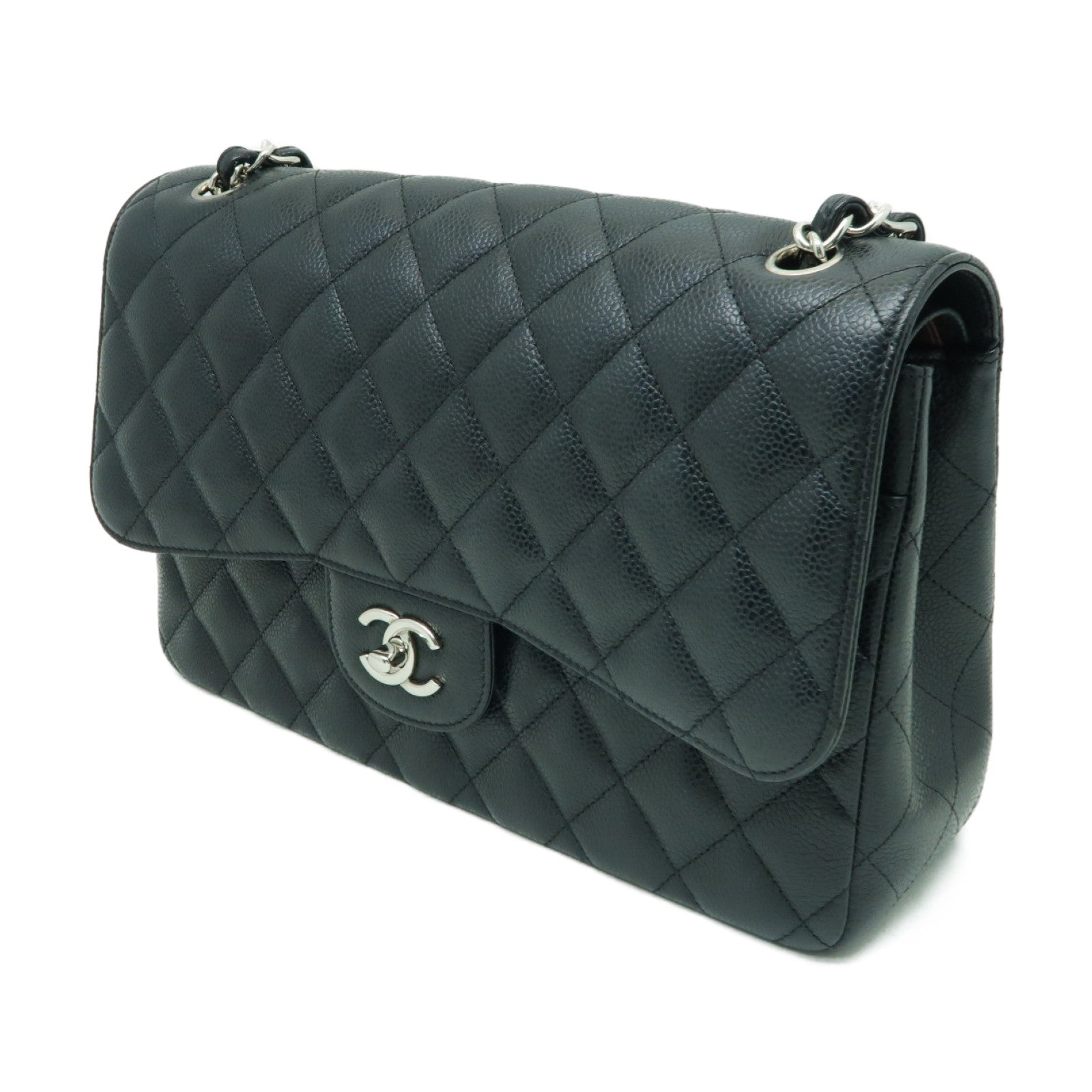 CHANEL 菱格Caviar皮革Jumbo銀扣鏈帶肩背袋黑色