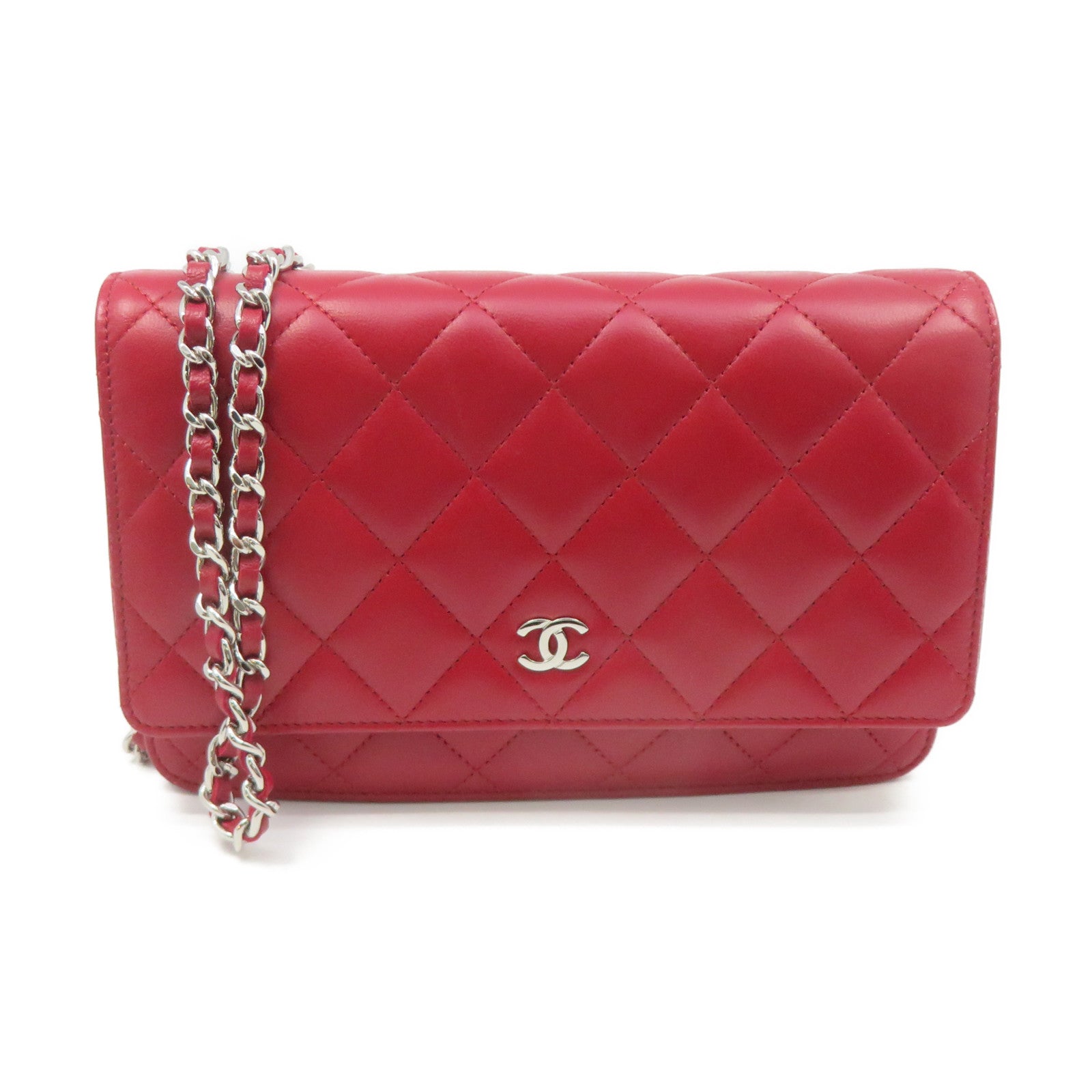 CHANEL 菱格羊皮皮革WOC Chain Shoulder Bag銀扣鏈帶錢包肩背袋紅色