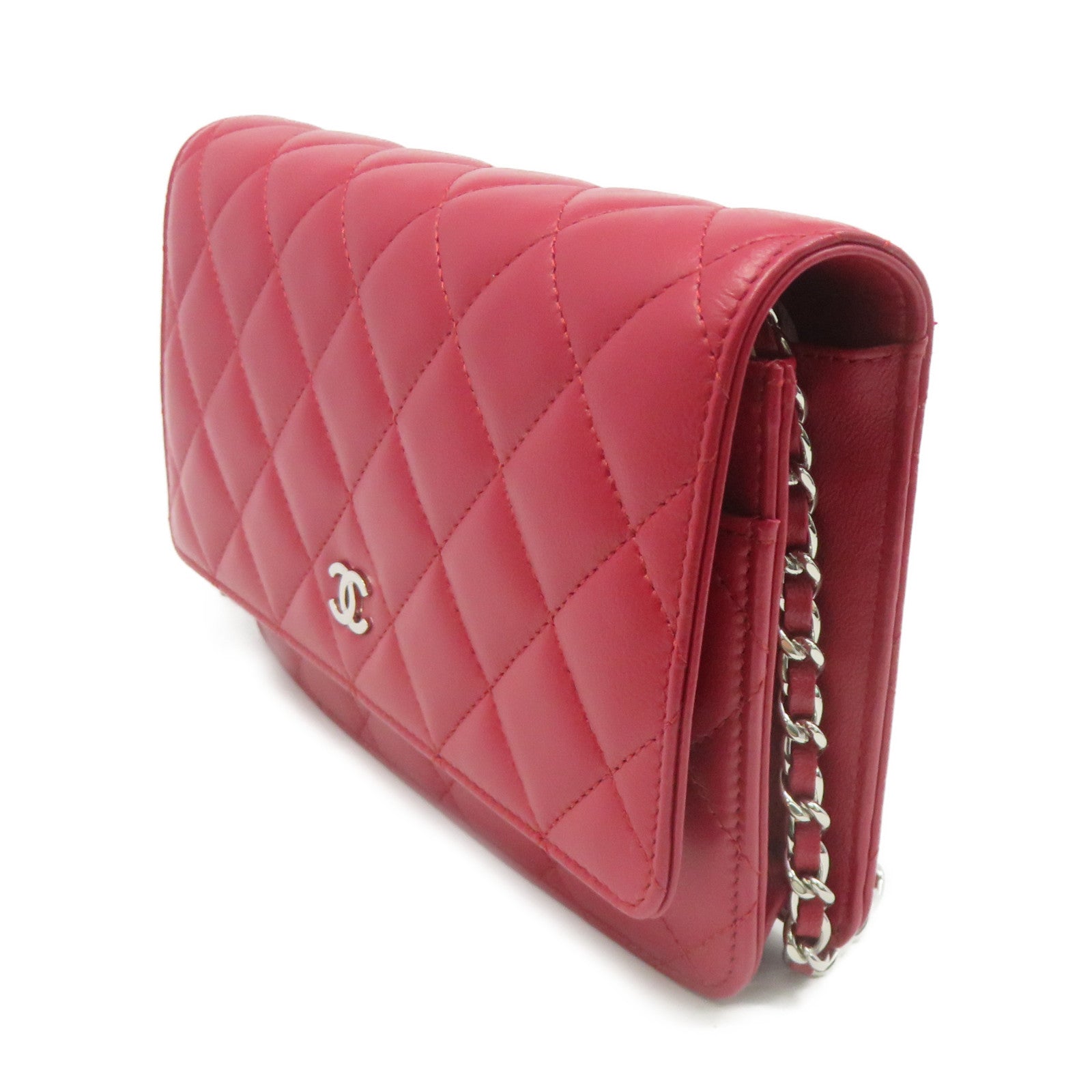 CHANEL 菱格羊皮皮革WOC Chain Shoulder Bag銀扣鏈帶錢包肩背袋紅色