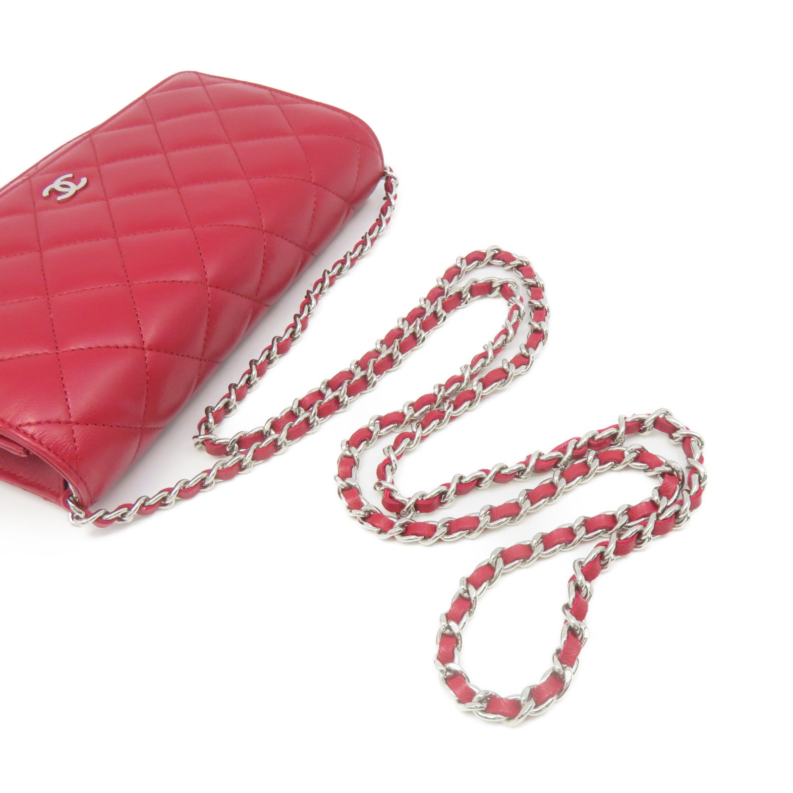 CHANEL 菱格羊皮皮革WOC Chain Shoulder Bag銀扣鏈帶錢包肩背袋紅色
